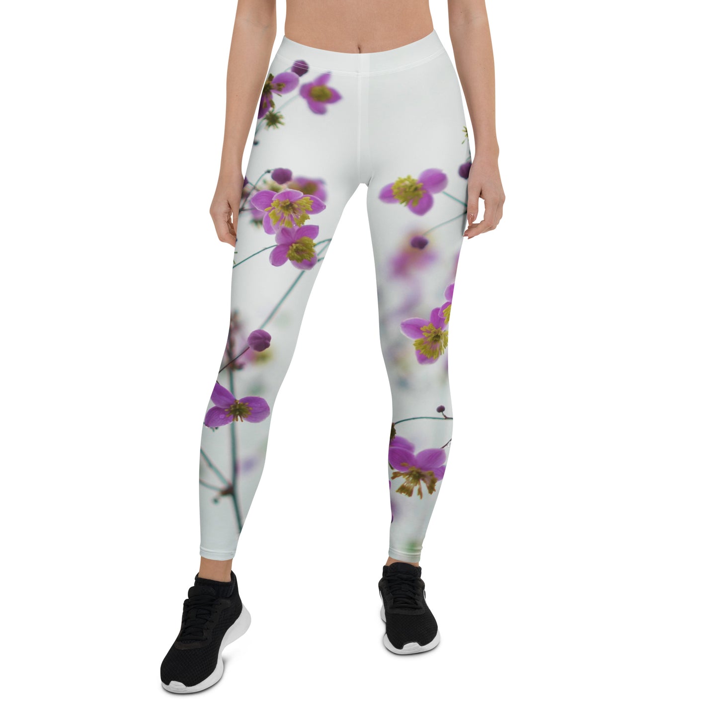 PJ Designs flower print yoga pants with purple and yellow floral pattern on white background