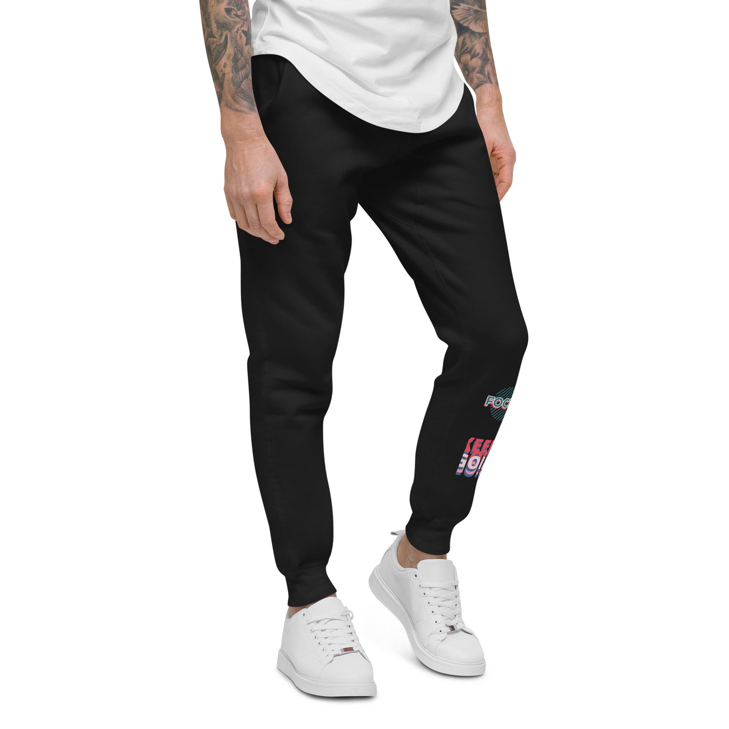 Black fleece sweatpants for men and women by PJ Designs with cuffed ankles and graphic details