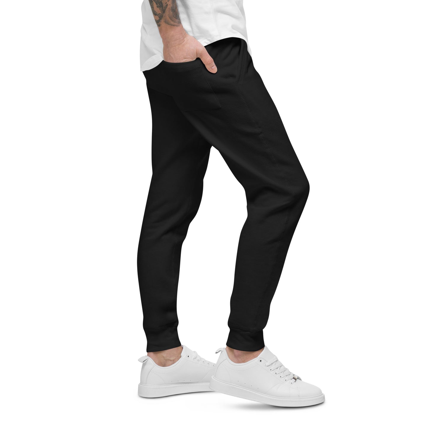 PJ Designs black fleece sweatpants for men and women modeled with white sneakers and a white shirt