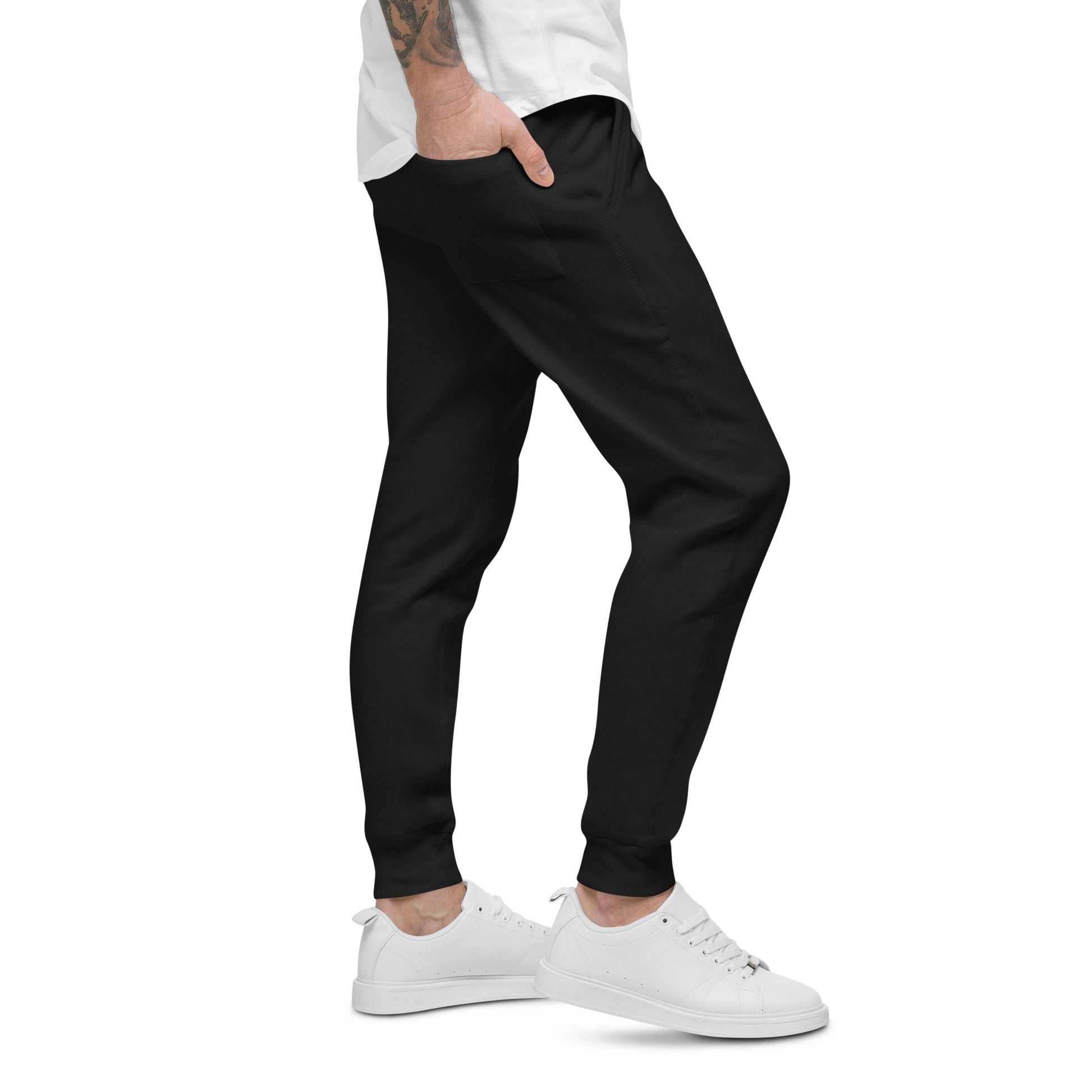PJ Designs black fleece sweatpants for men and women modeled with white sneakers and a white shirt