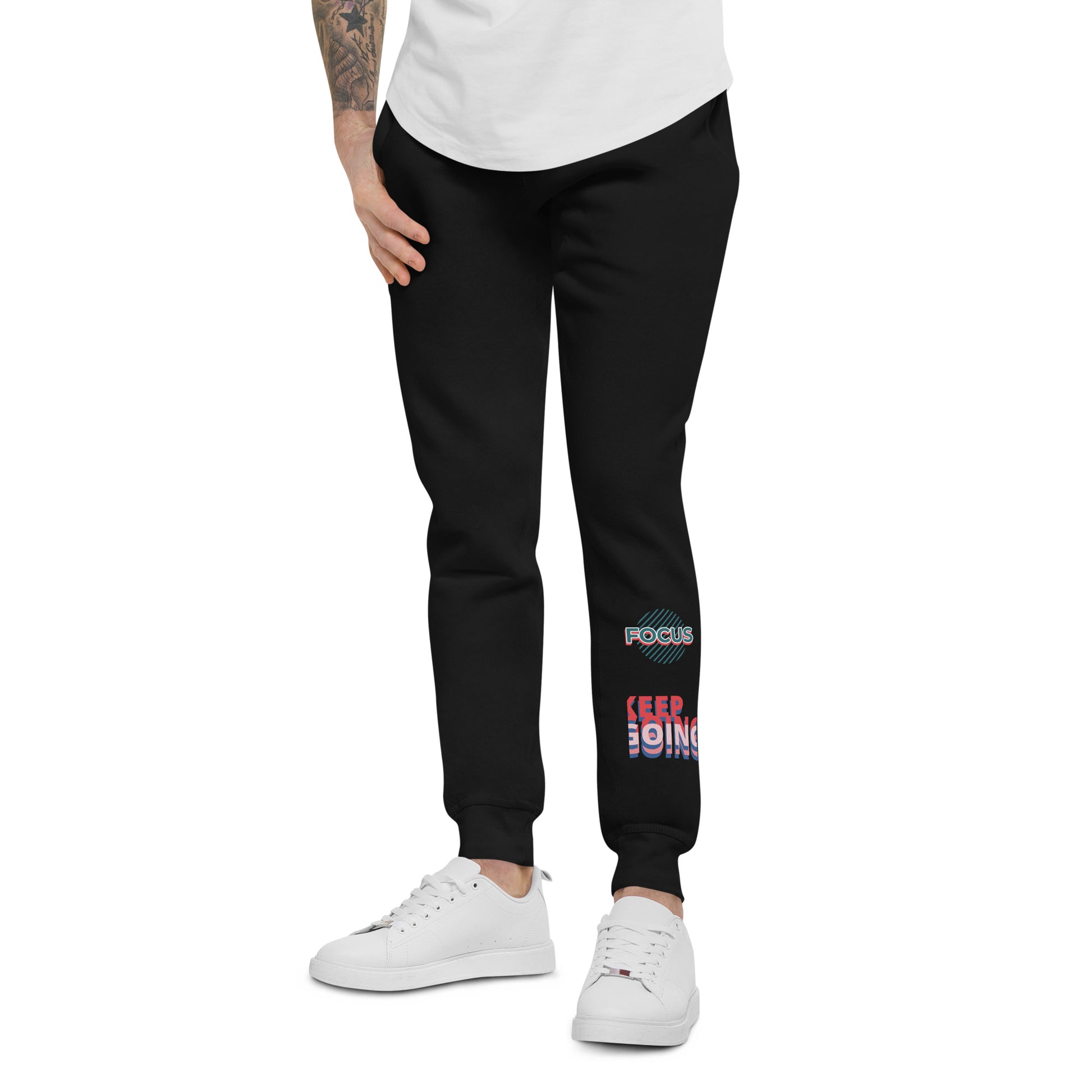 Black fleece sweatpants for men and women by PJ Designs with motivational text and cuffed ankles