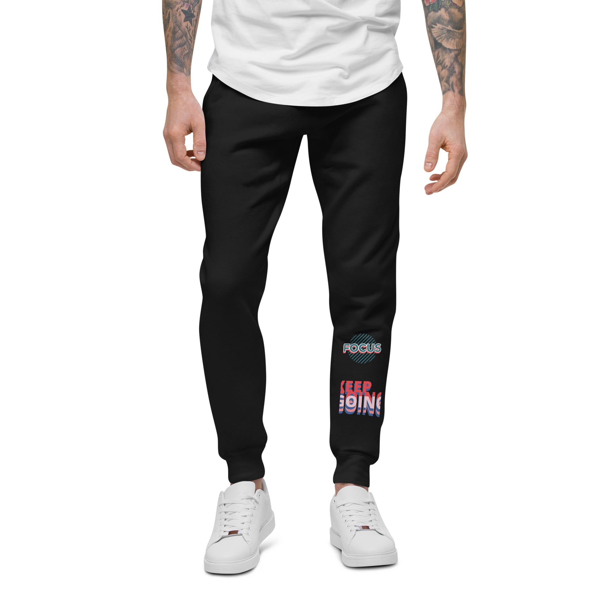 PJ Designs black fleece sweatpants for men and women with focus and keep going text design