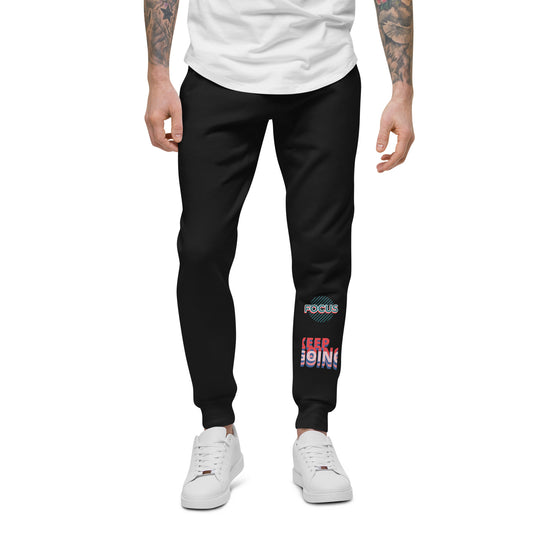 PJ Designs black fleece sweatpants for men and women with focus and keep going text design