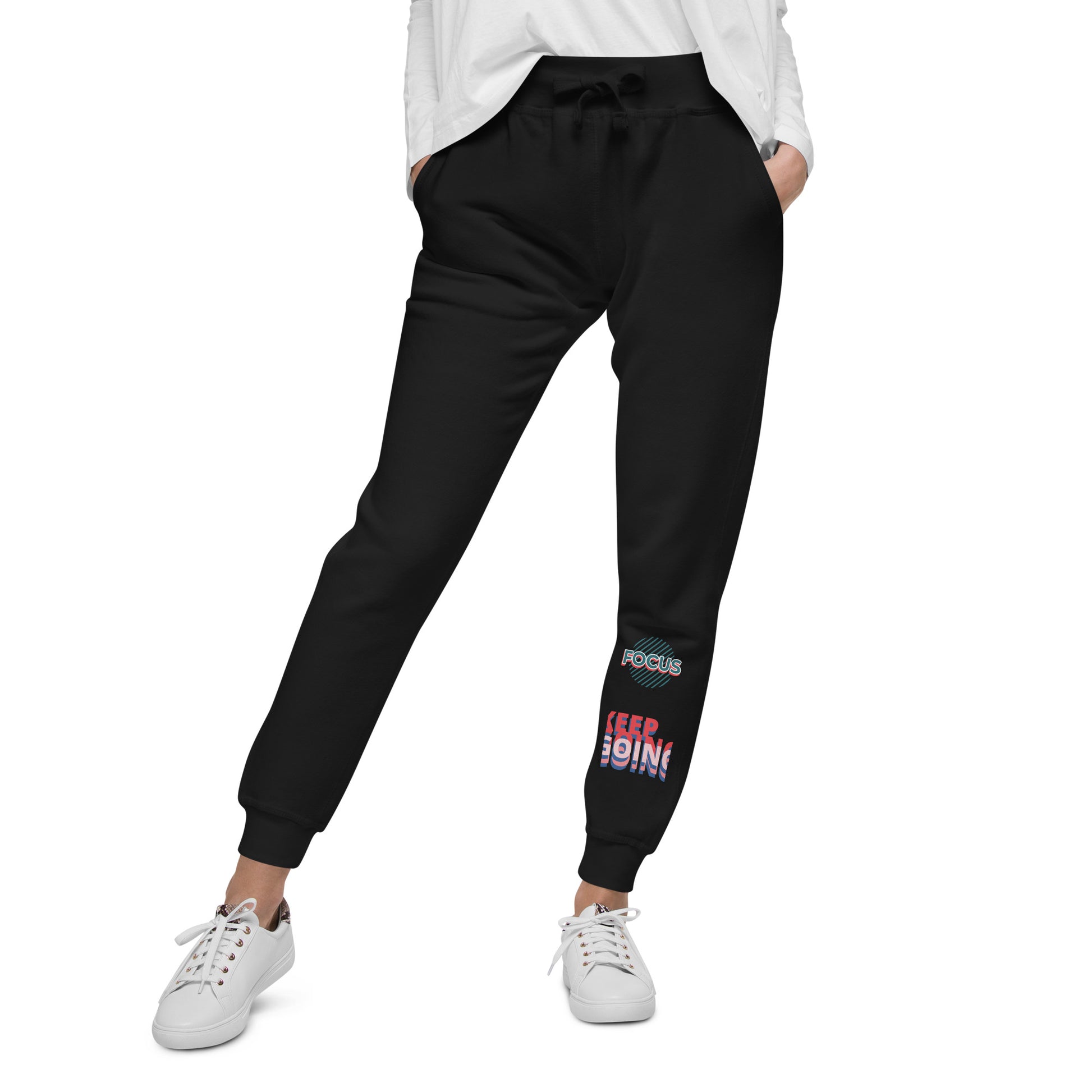Black fleece sweatpants for men and women by PJ Designs with drawstring waist and printed slogans