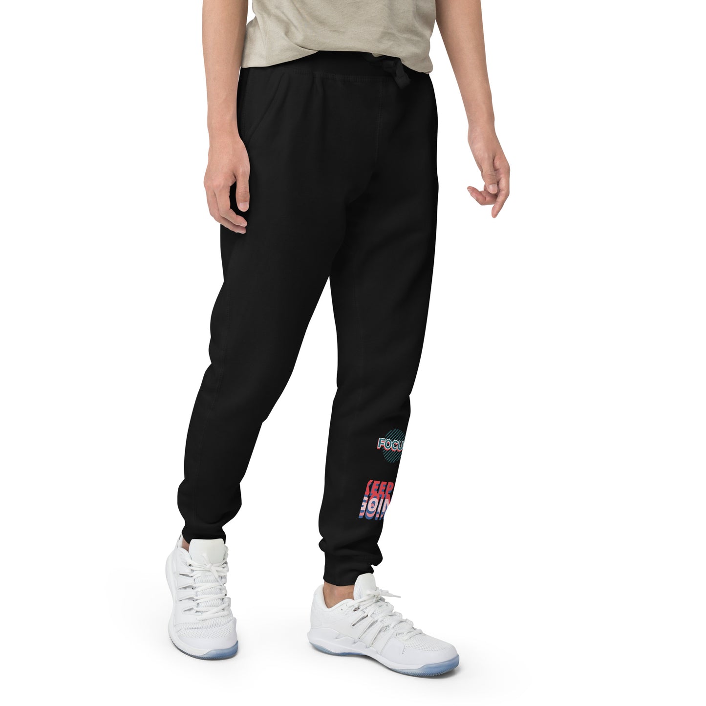 PJ Designs black fleece sweatpants for men and women with elastic cuffs and colorful logo print