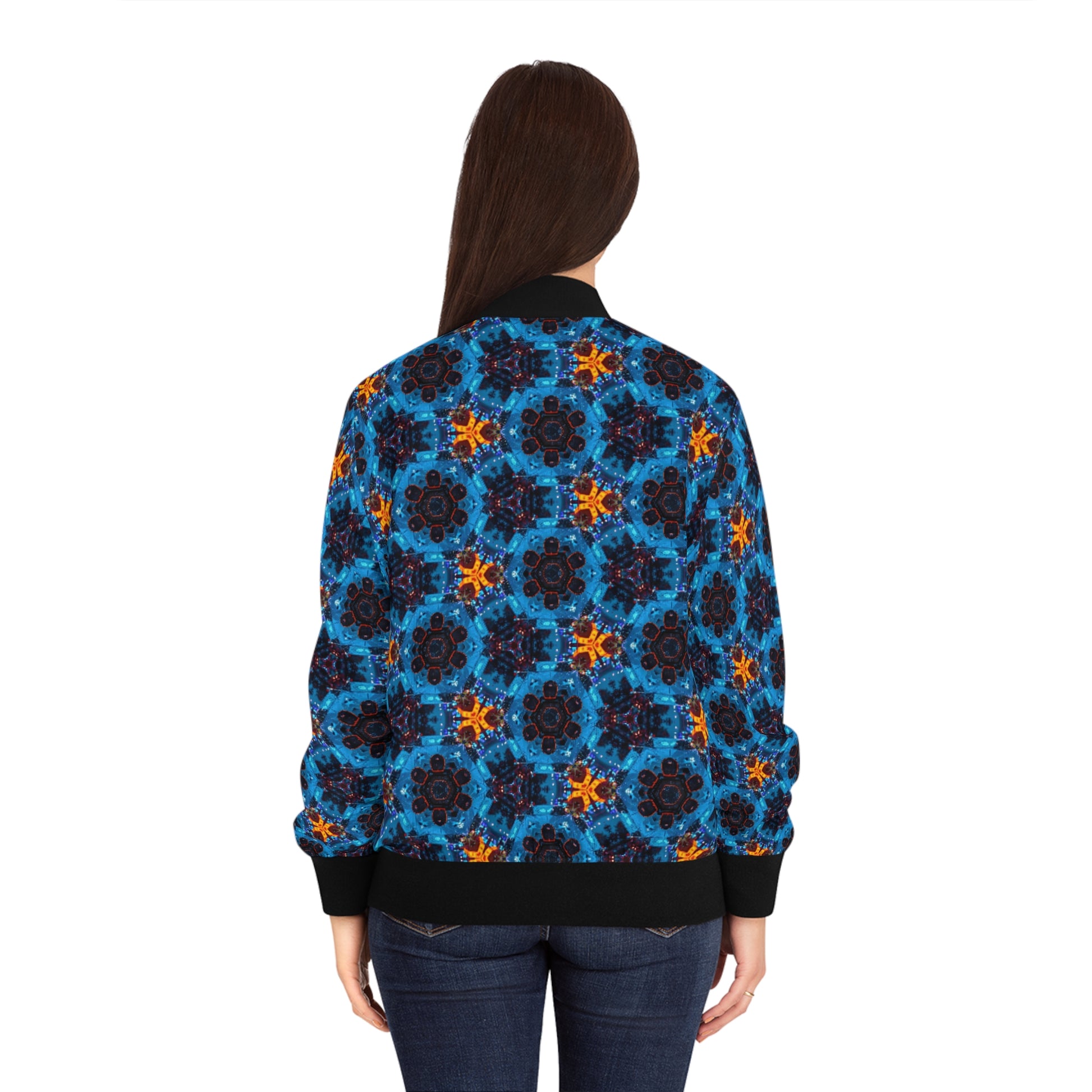 Back view of funky floral bomber jacket for women by PJ Designs with vibrant blue and orange pattern