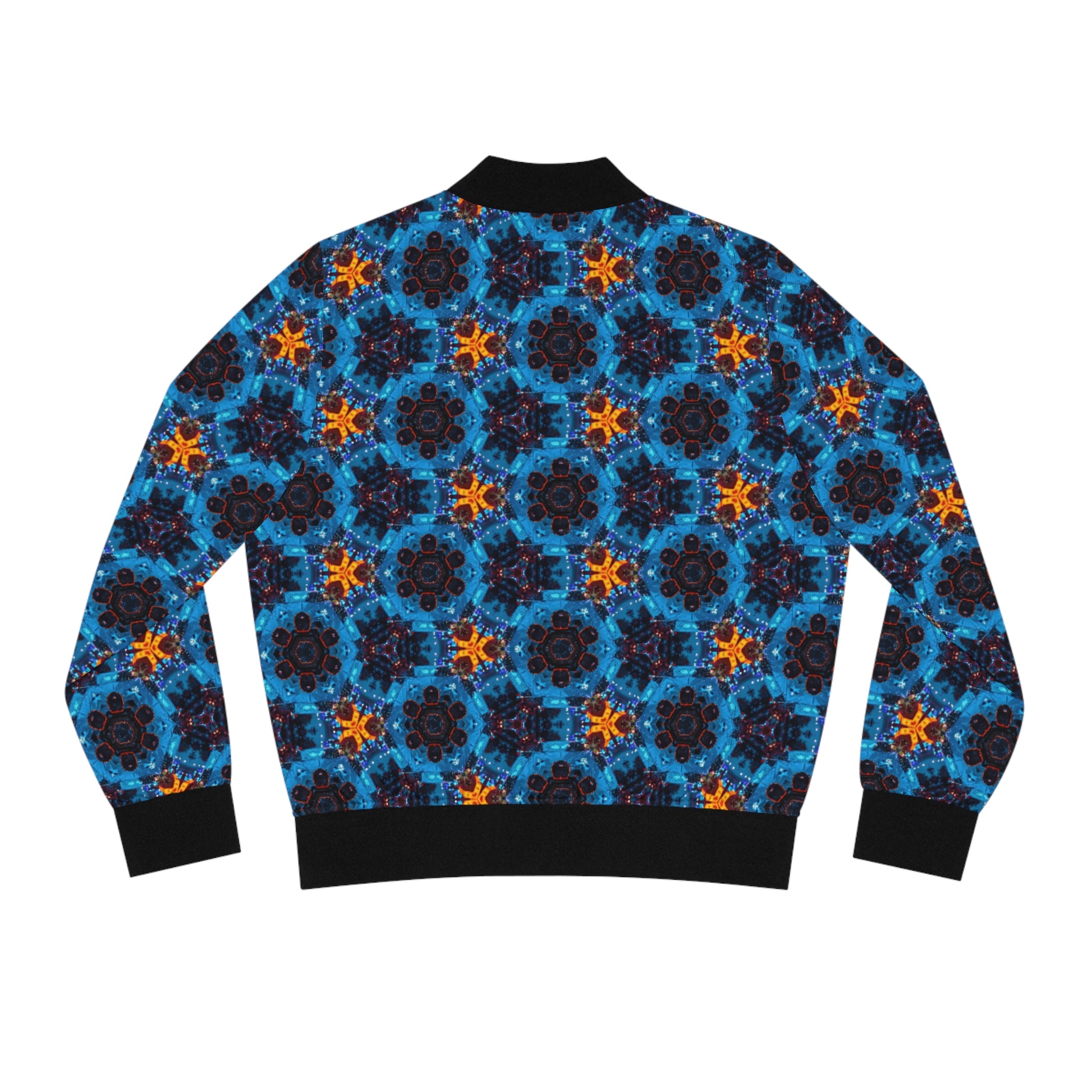 PJ Designs funky floral bomber jacket for women with vibrant blue and orange all over prints
