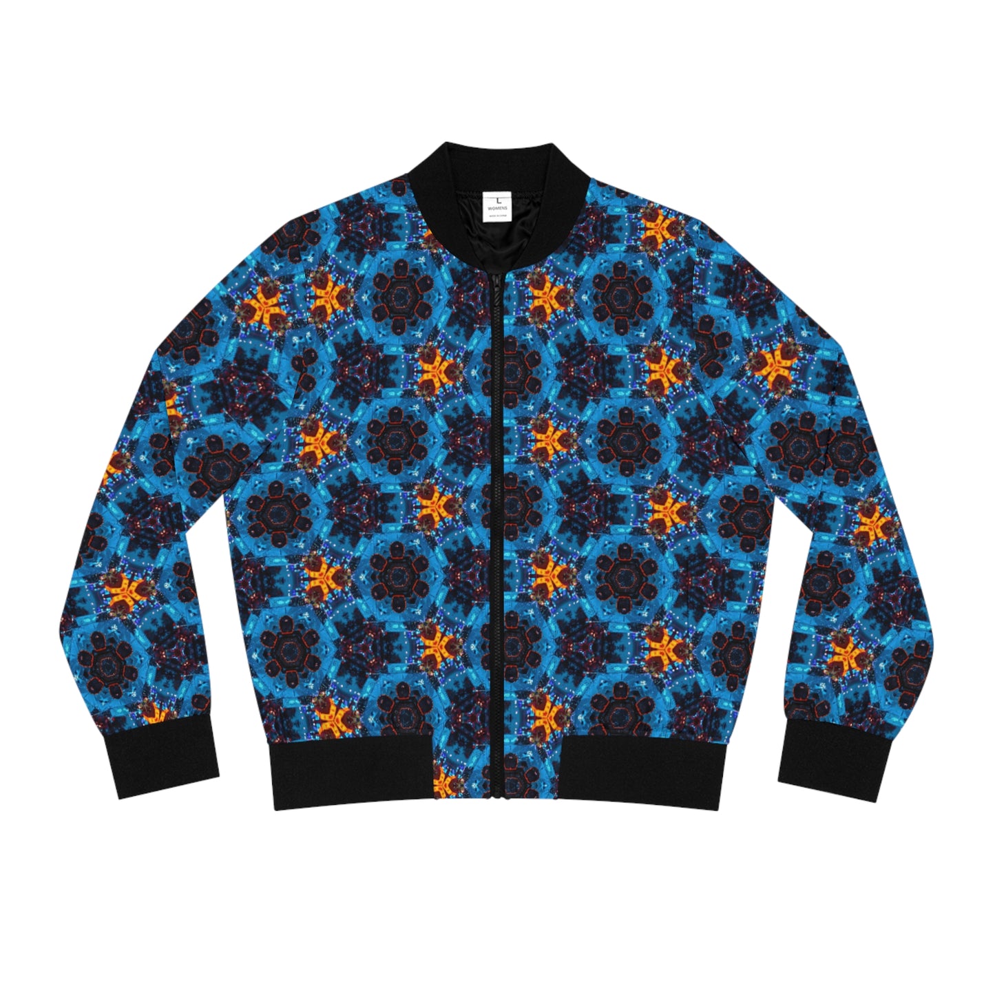 Funky floral bomber jacket for women by PJ Designs with vibrant blue and orange kaleidoscopic patterns