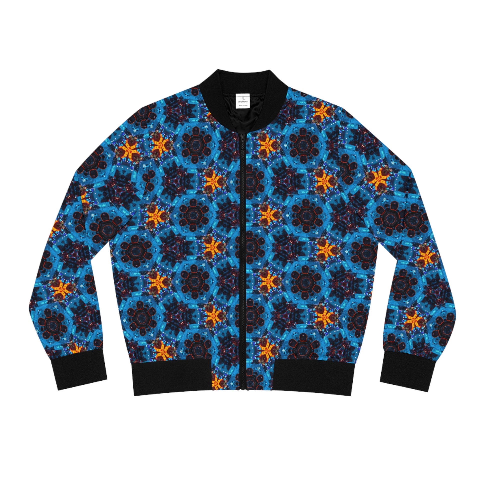 Funky floral bomber jacket for women by PJ Designs with vibrant blue and orange kaleidoscopic patterns