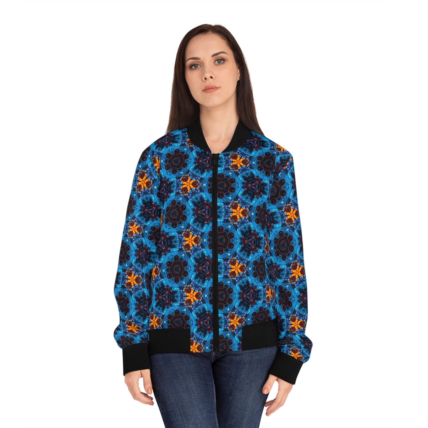 PJ Designs funky floral bomber jacket for women with blue and orange all over prints