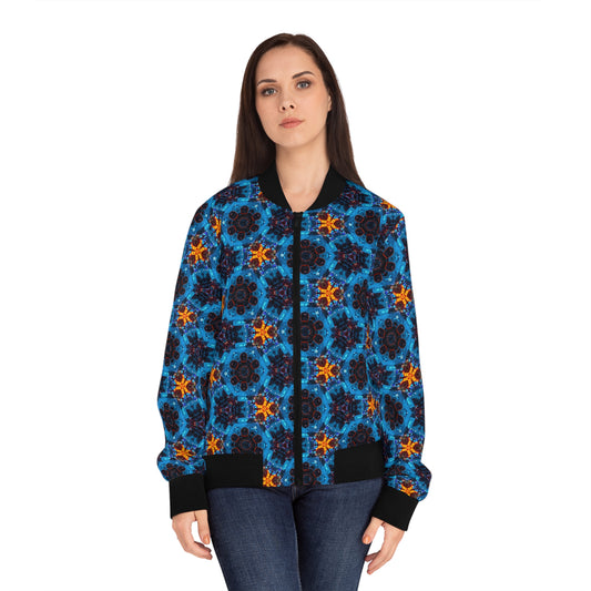 PJ Designs funky floral bomber jacket for women with blue and orange all over prints