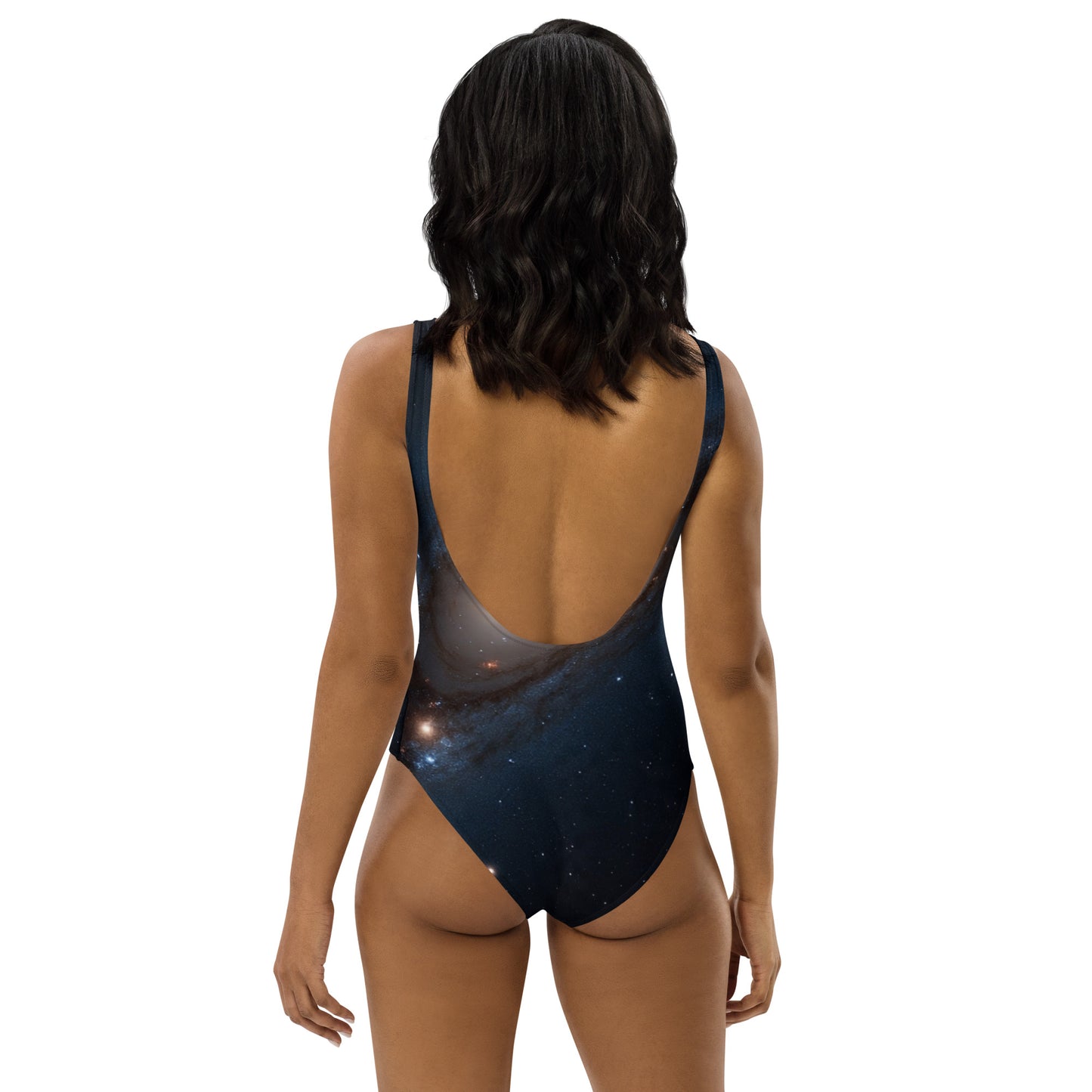 Galaxy inspired swimwear for women by PJ Designs featuring a deep back one-piece swimsuit