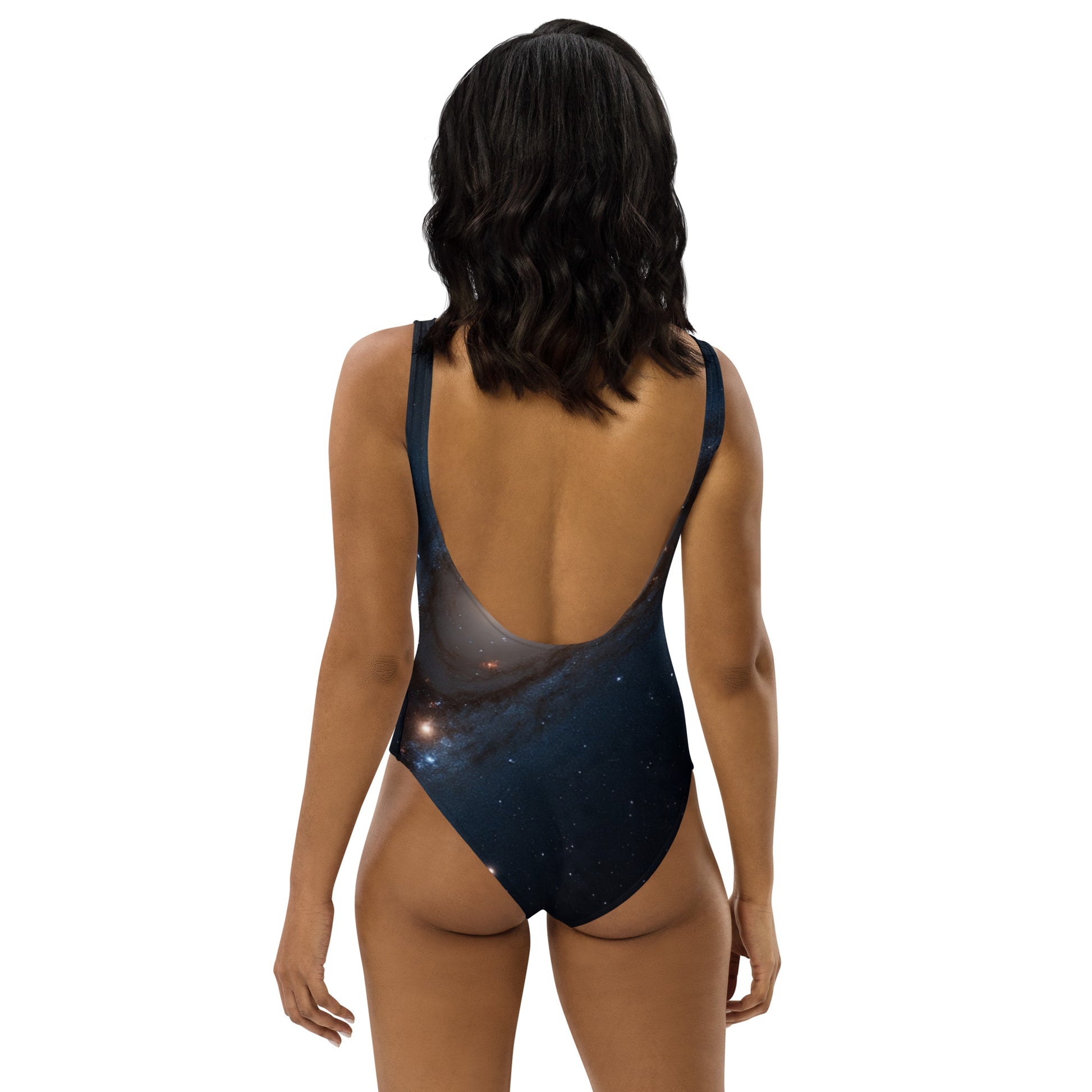 Galaxy inspired swimwear for women by PJ Designs featuring a deep back one-piece swimsuit