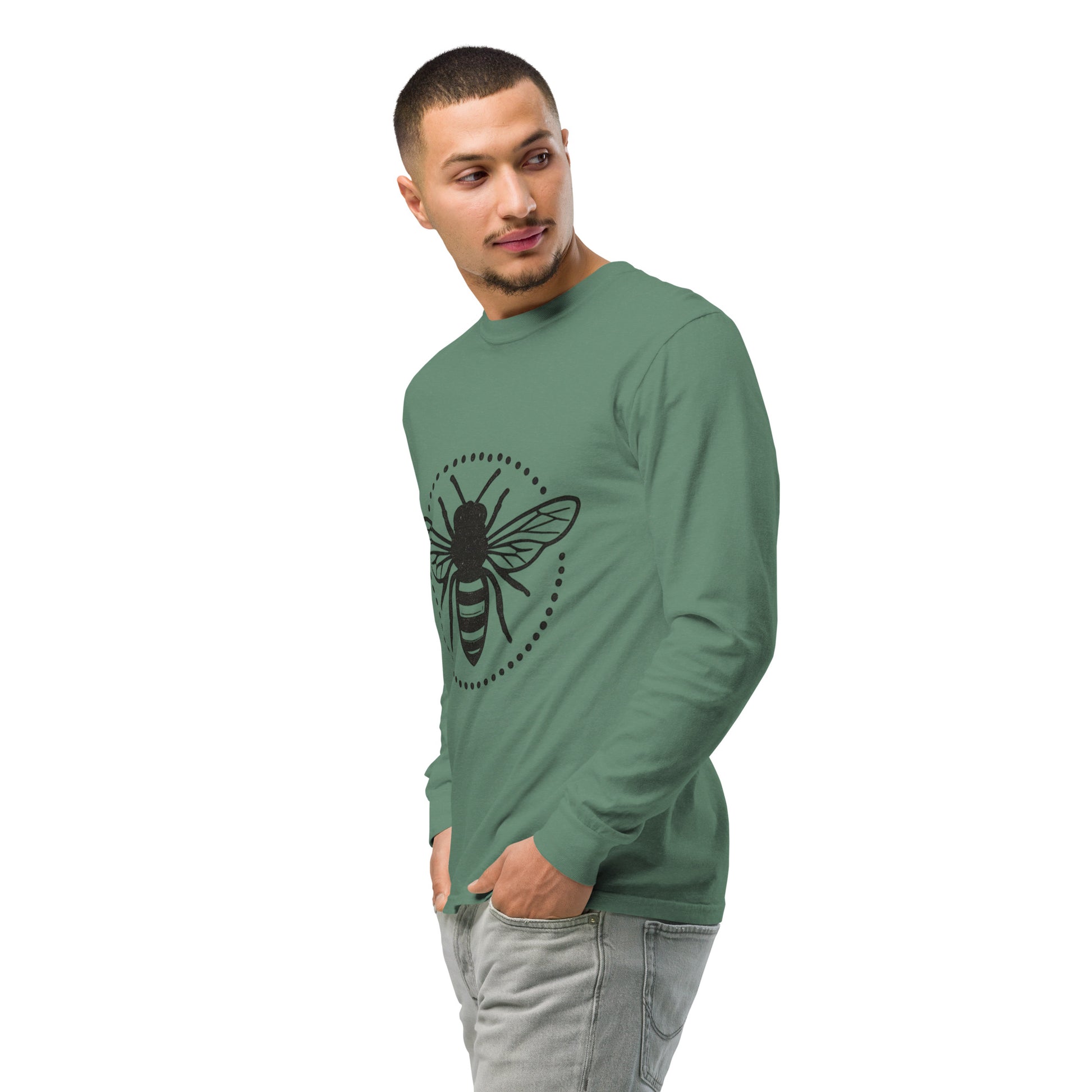 Green PJ Designs garment-dyed heavyweight long sleeve shirt with black bee graphic worn by male model