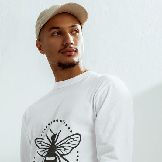 PJ Designs garment-dyed heavyweight long sleeve shirt in white with black bee graphic print