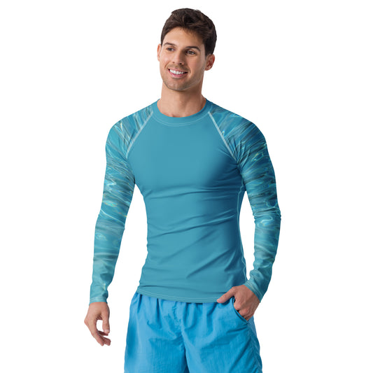 PJ Designs athletic swim top for men with long sleeves and ocean wave pattern in blue