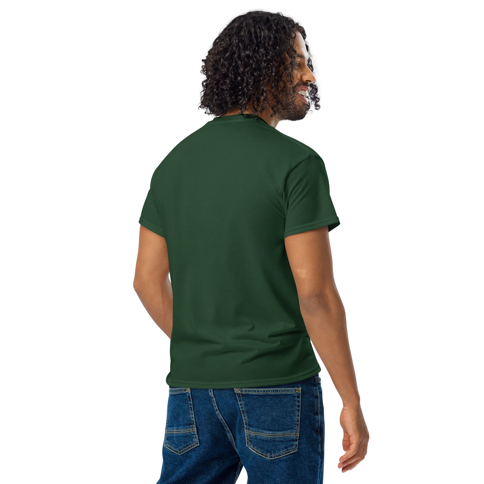 PJ Designs model showing back view of a dark green unisex DryBlend t-shirt with cuffed sleeves