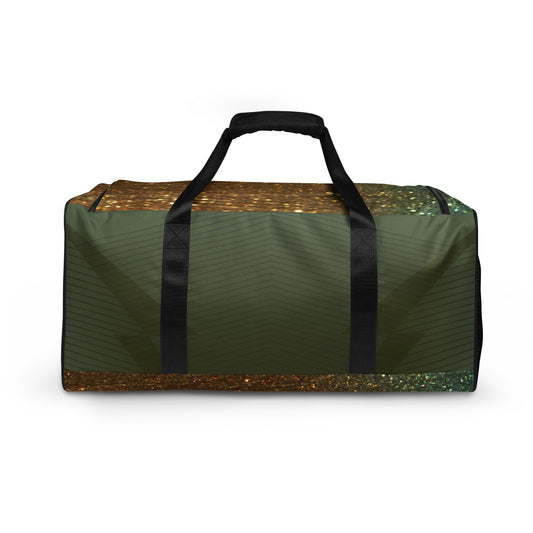 PJ Designs green duffle bag with black handles and sparkly gold accents for travel and gym use