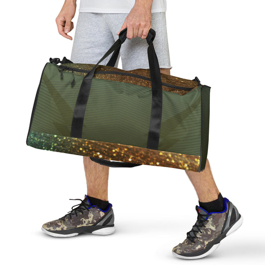 PJ Designs green duffle bag with black handles carried by a person in athletic sneakers and shorts