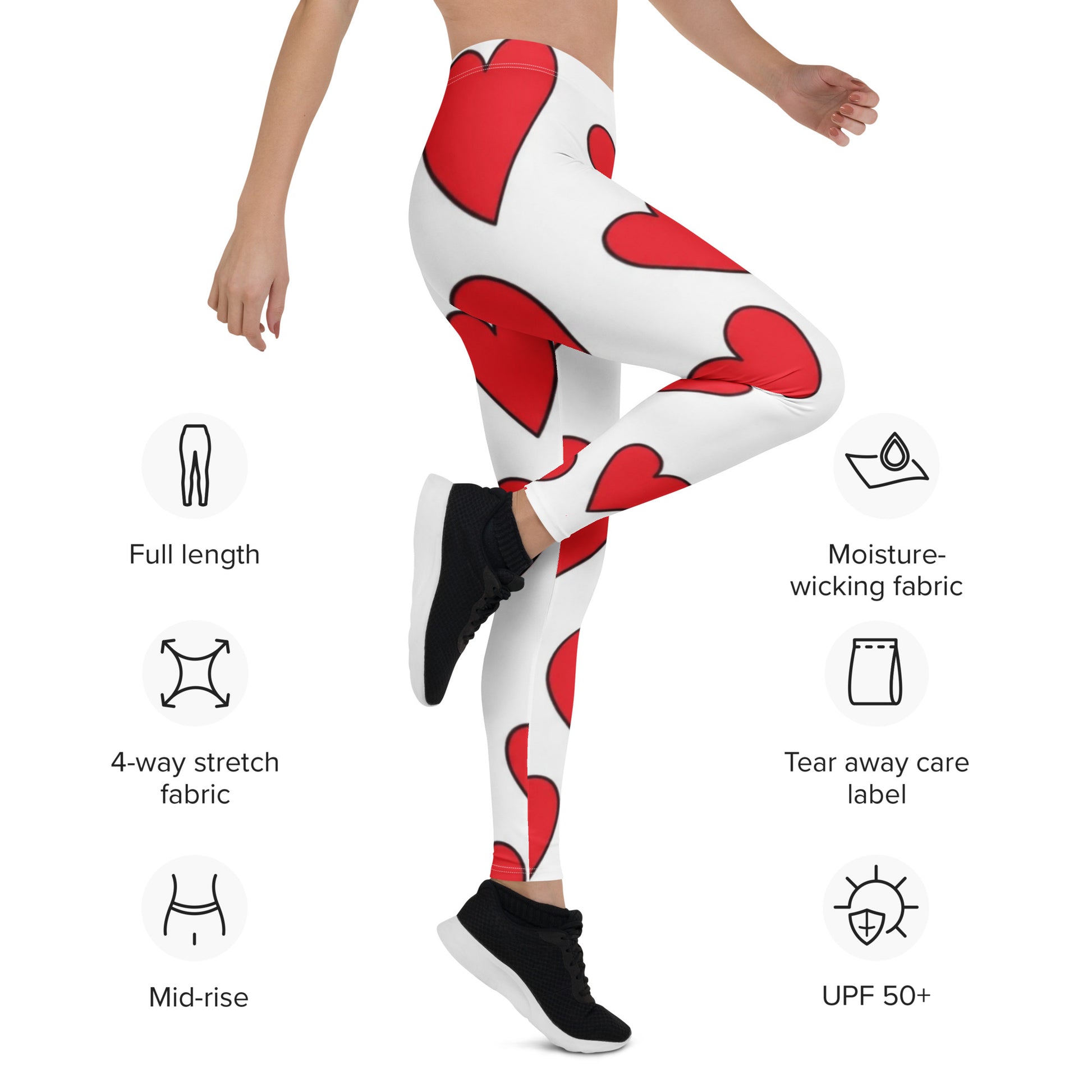PJ Designs heart print leggings with full length, 4-way stretch, moisture-wicking fabric, and UPF 50 plus
