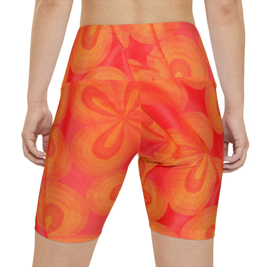 Printify high waisted gym shorts for women with vibrant orange and red abstract all over print design