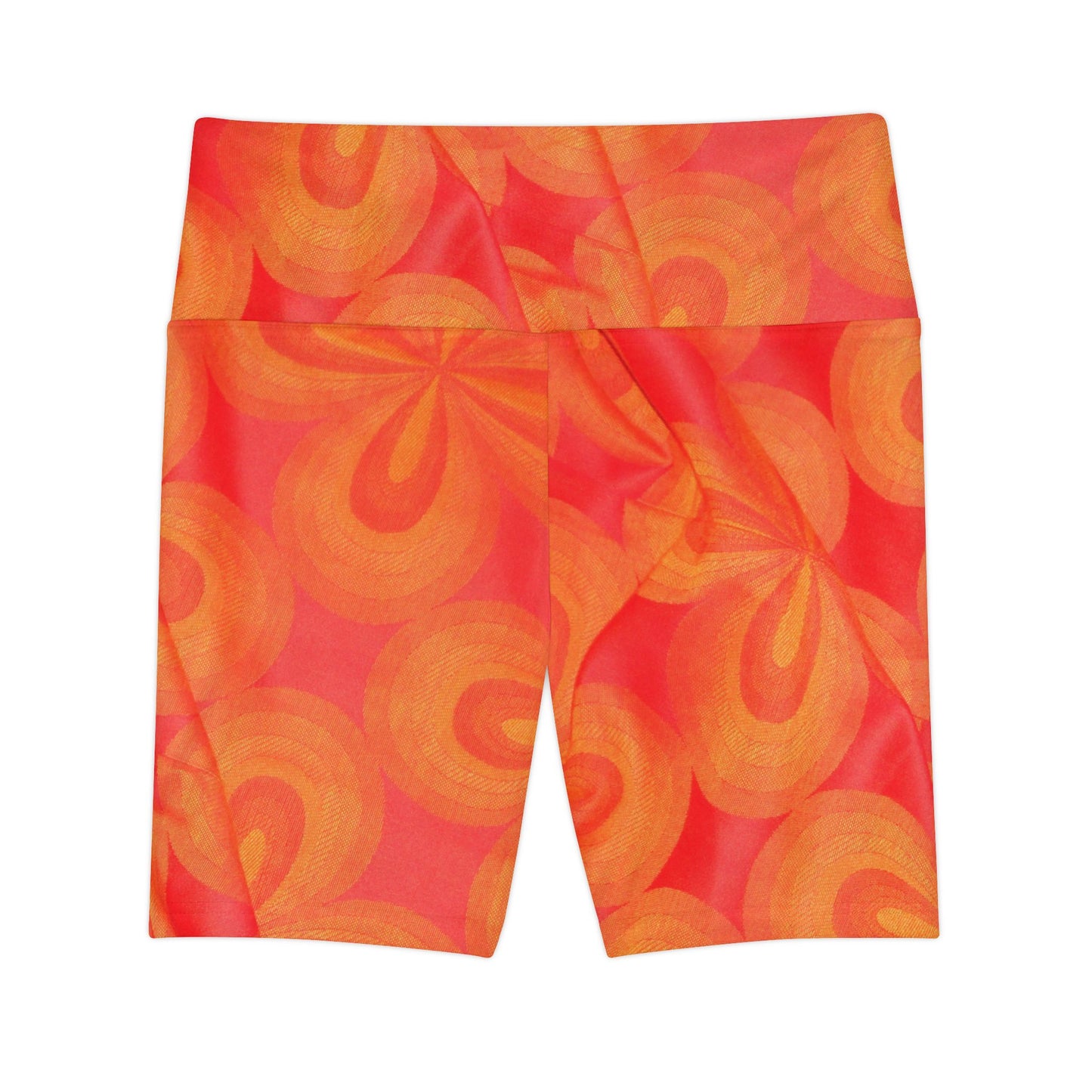 Printify all over prints high waisted gym shorts for women with orange and red circular pattern