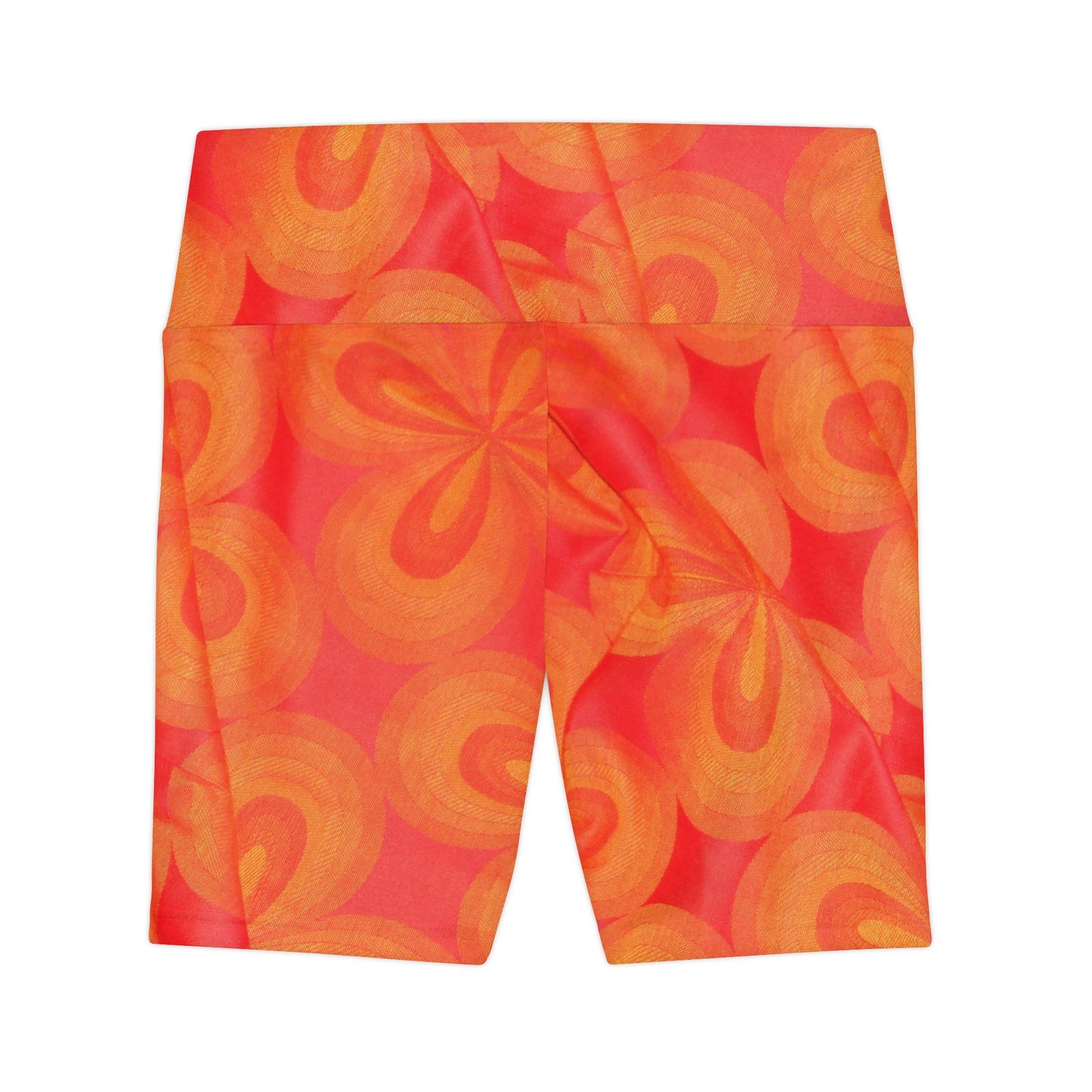 Printify all over prints high waisted gym shorts for women with vibrant orange floral pattern