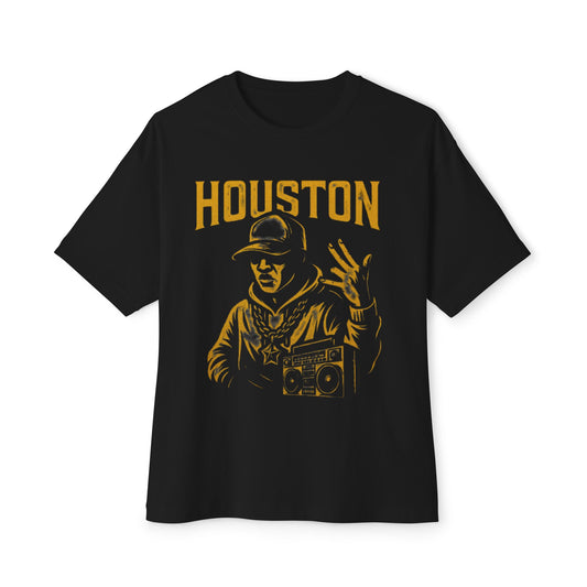Black Houston hip hop t-shirt by PJ Designs featuring a gold graphic of a rapper with a boombox