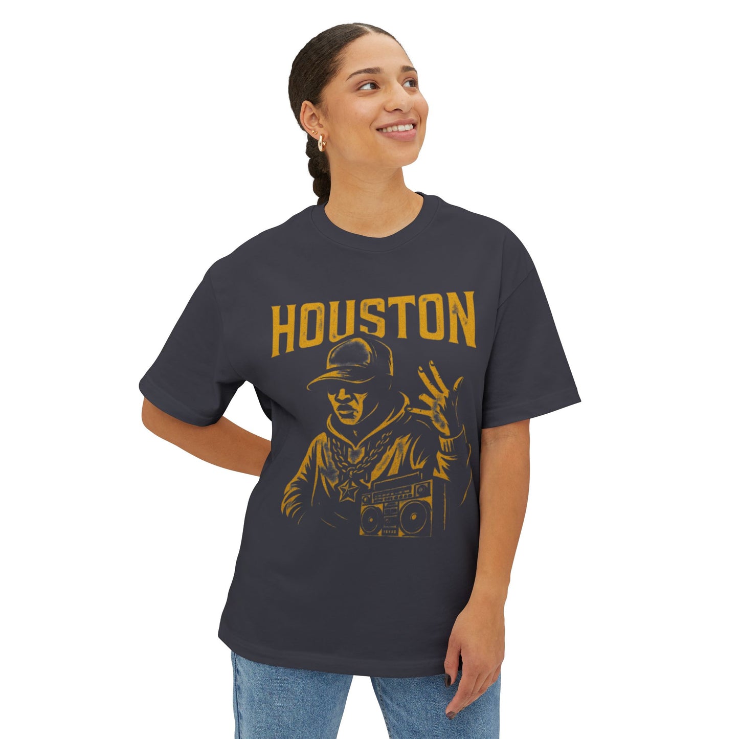 PJ Designs Houston hip hop t-shirt in black with vintage rapper graphic and bold yellow text