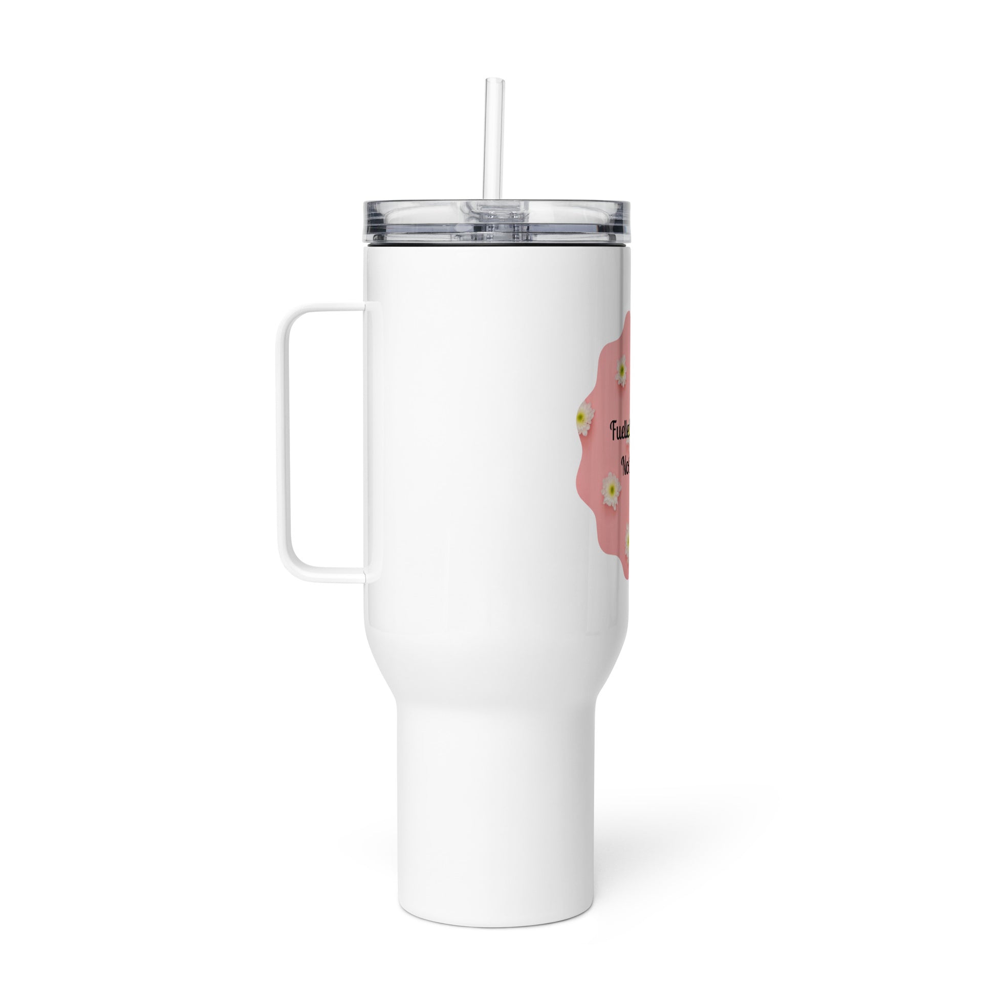 White insulated coffee mug for travel with handle and clear lid with straw by PJ Designs