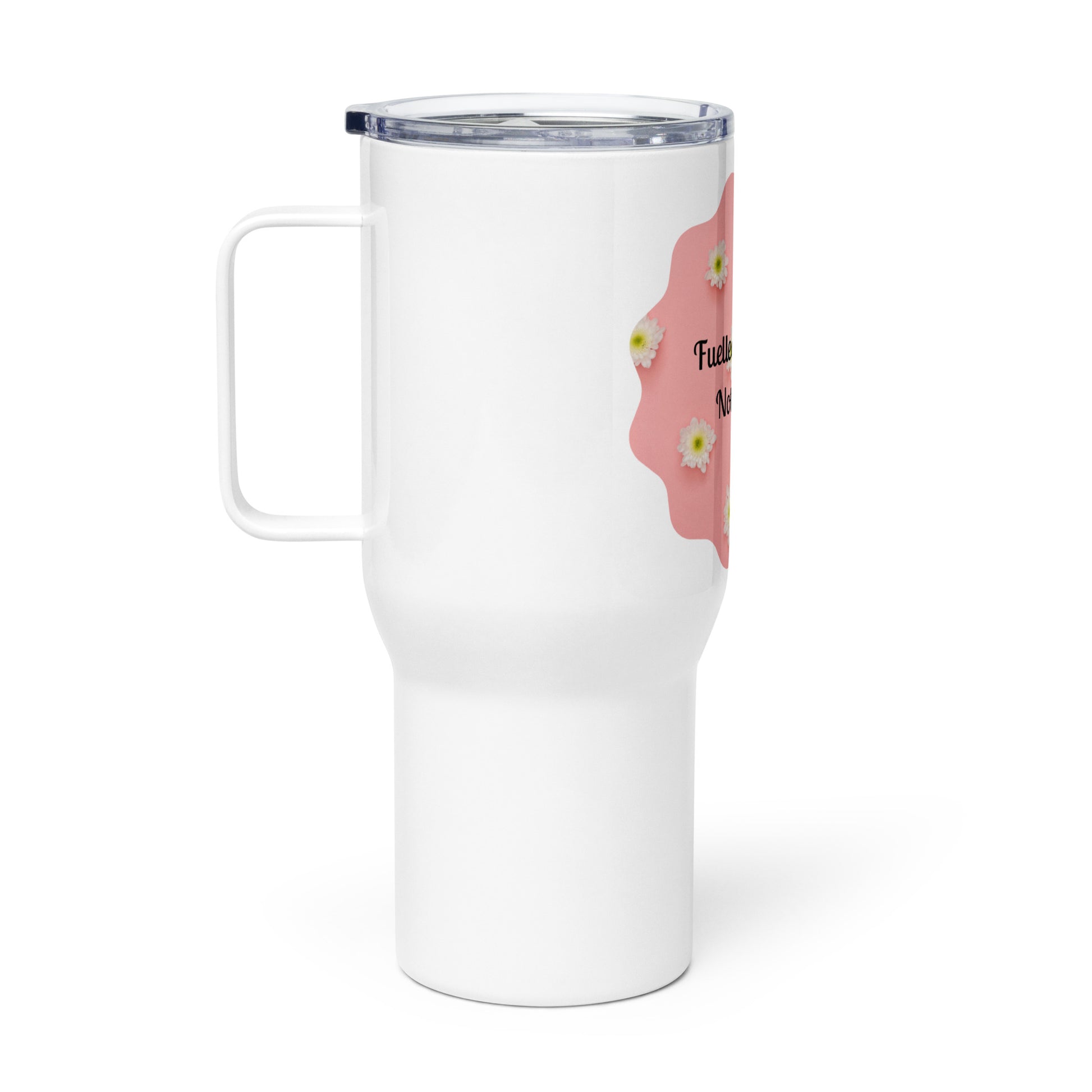White insulated coffee mug for travel with handle and clear lid by PJ Designs