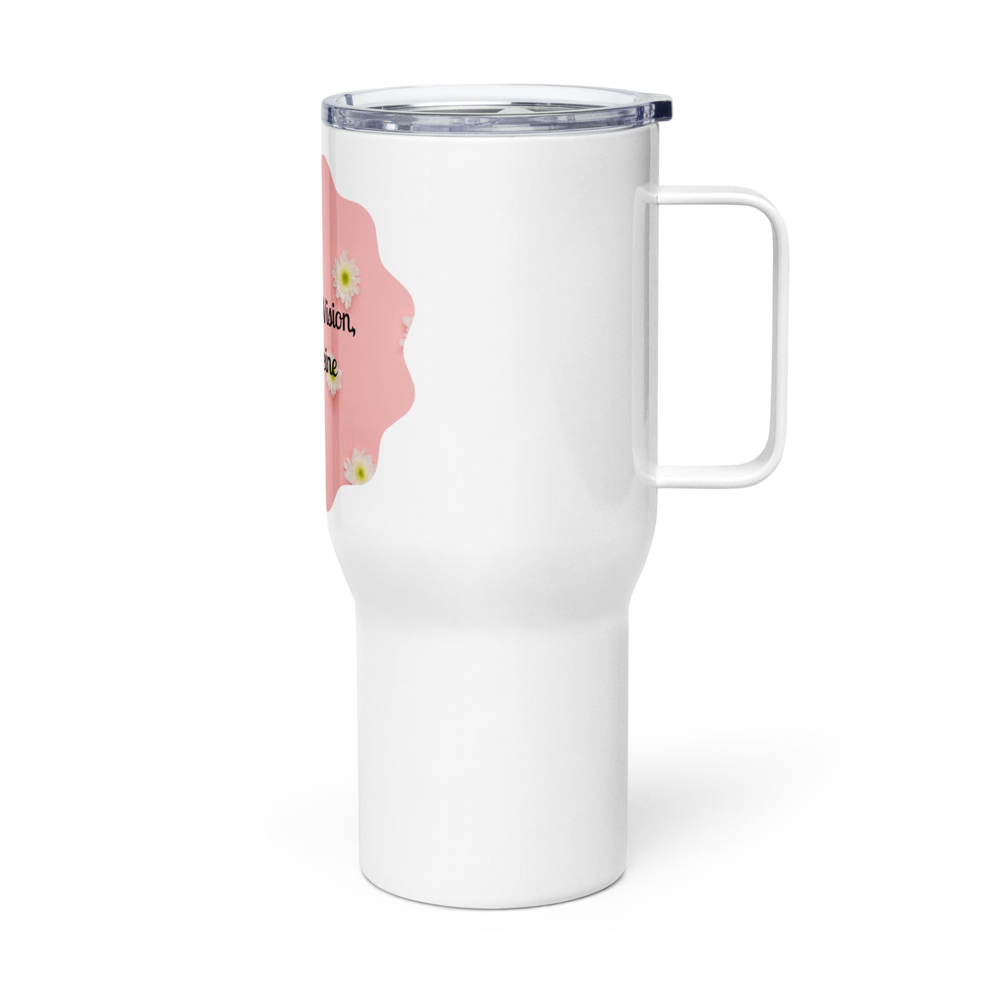 PJ Designs insulated coffee mug for travel with white body and clear lid