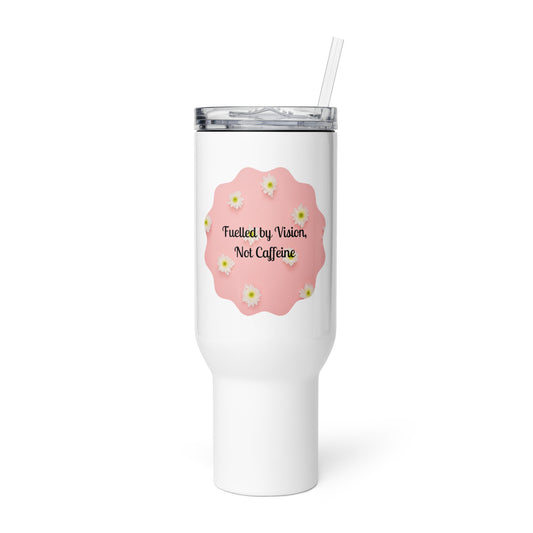PJ Designs insulated coffee mug for travel with white body and pink floral decal with the text Fuelled by Vision Not Caffeine