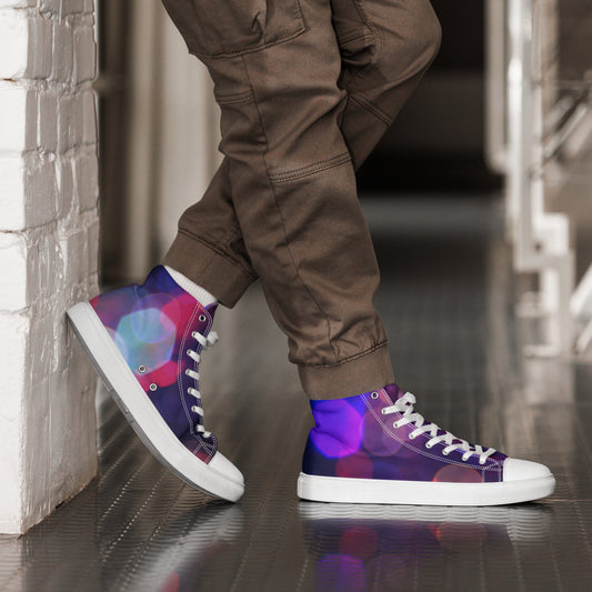 PJ Designs men's high top canvas shoes with purple and pink bokeh pattern worn with brown pants