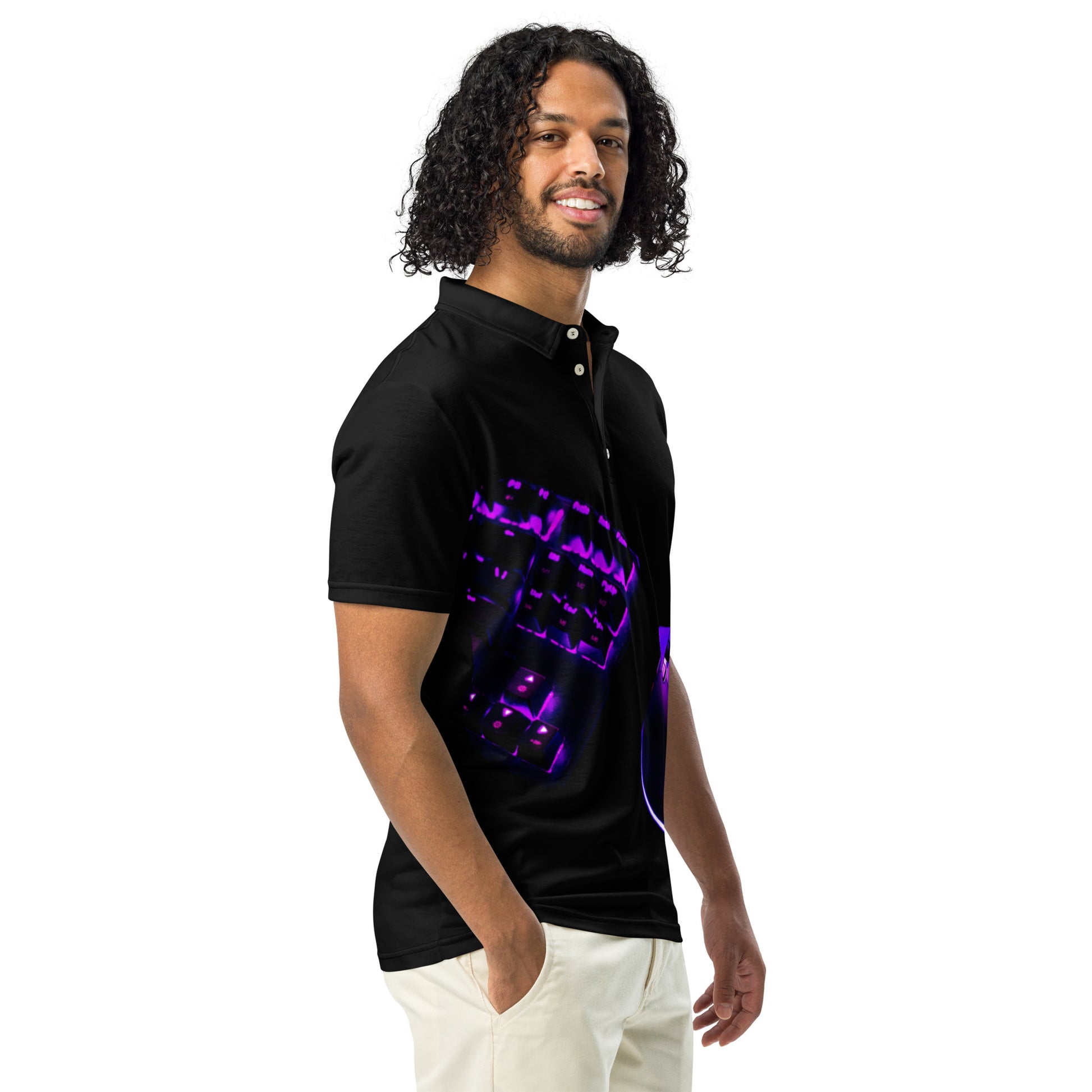 PJ Designs men’s slim fit polo shirt in black with purple graphic worn by smiling man