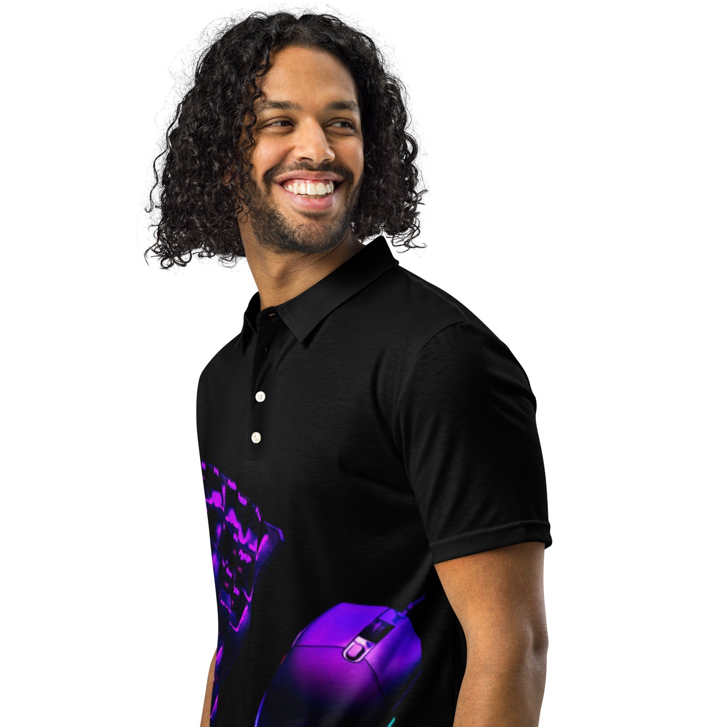 PJ Designs men’s slim fit polo shirt in black with purple graphic design and three buttons