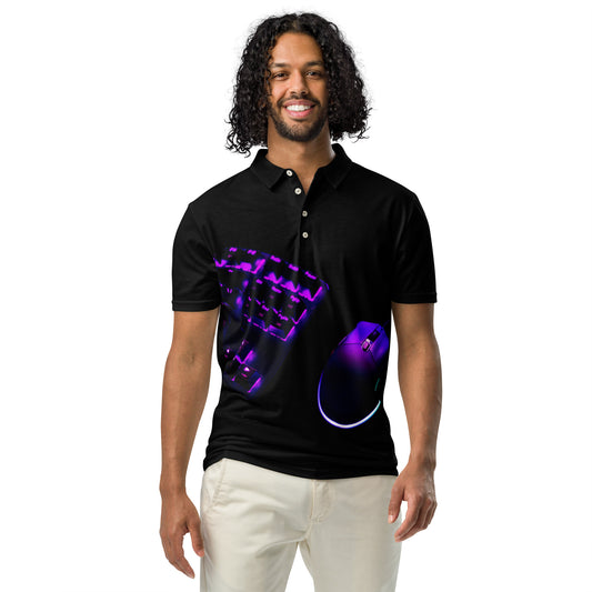 PJ Designs men’s slim fit polo shirt in black with purple graphic design worn by male model
