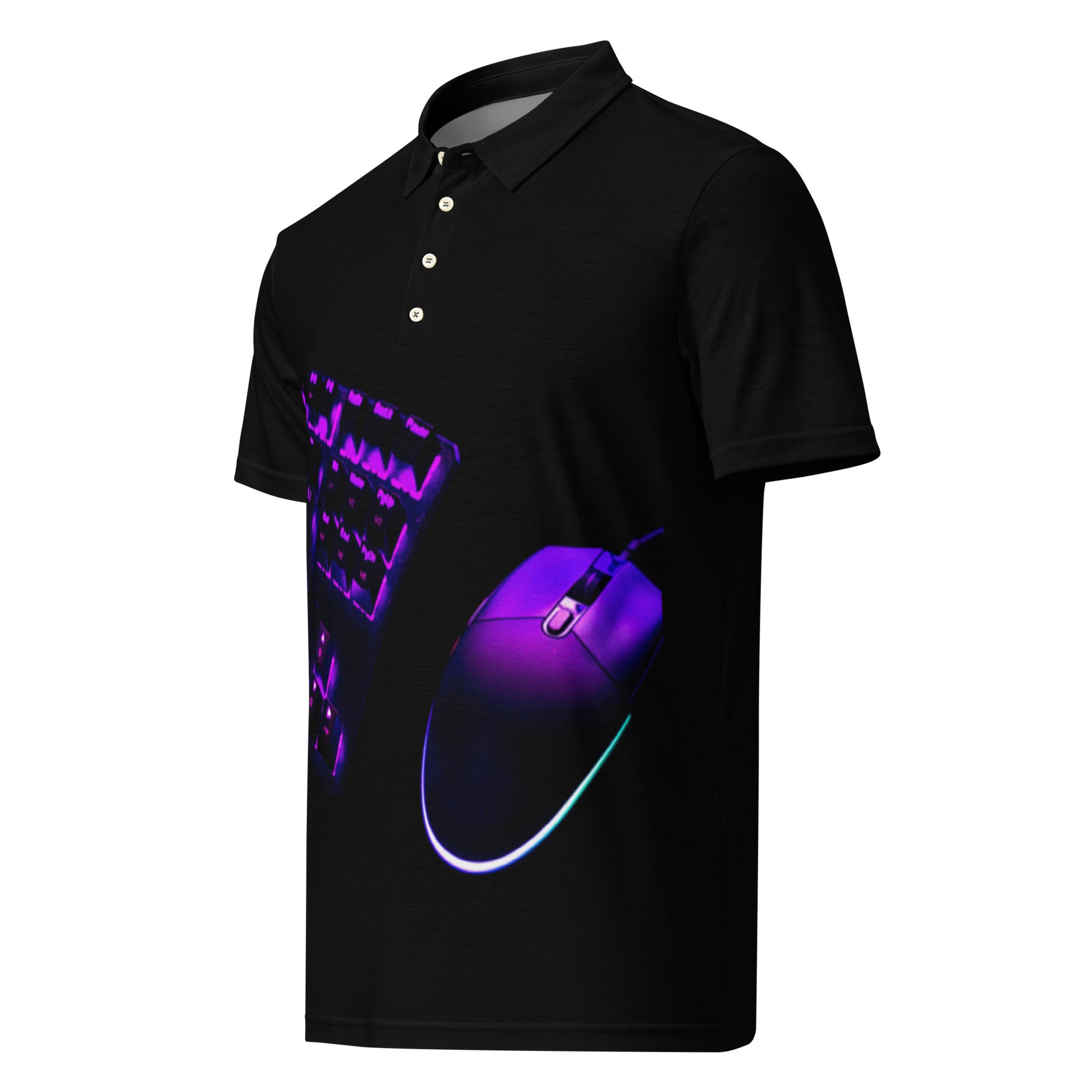 PJ Designs men’s slim fit polo shirt in black with purple and blue computer mouse and keyboard graphic