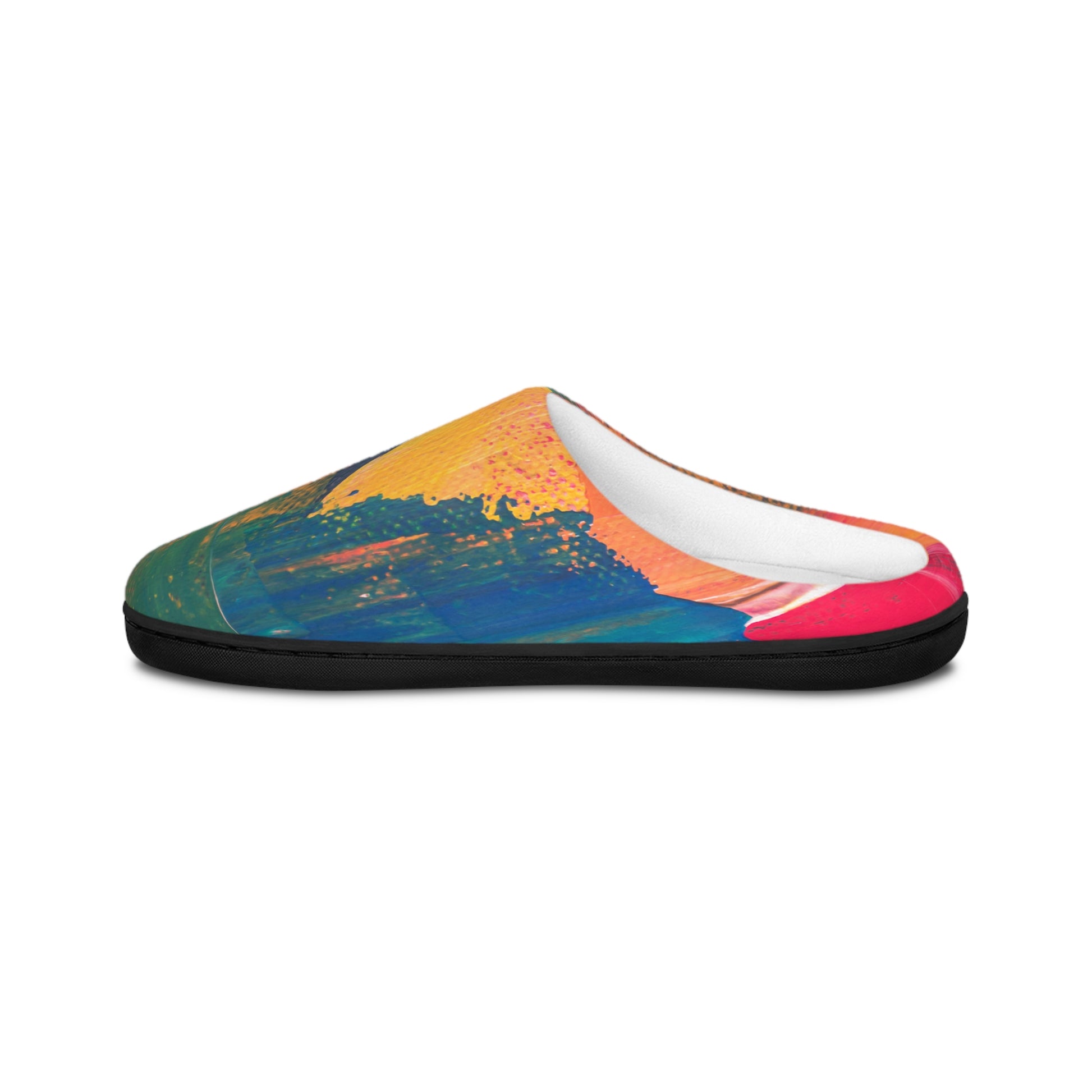 Printify men's artistic indoor slippers with vibrant multicolor abstract design and black sole