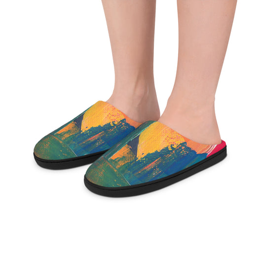 Printify men's artistic indoor slippers with colorful abstract design and black sole on feet