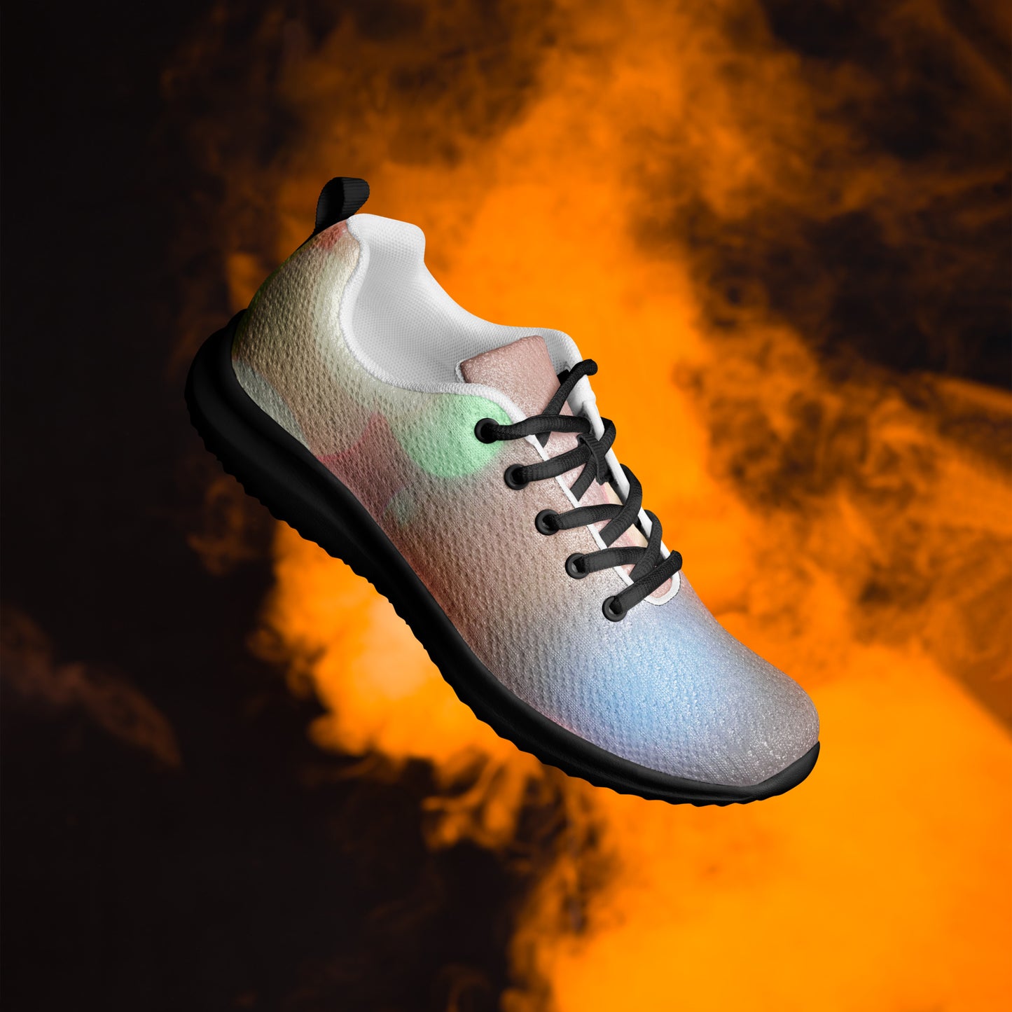 PJ Designs men's colorful running sneakers with black sole and laces on smoky orange background