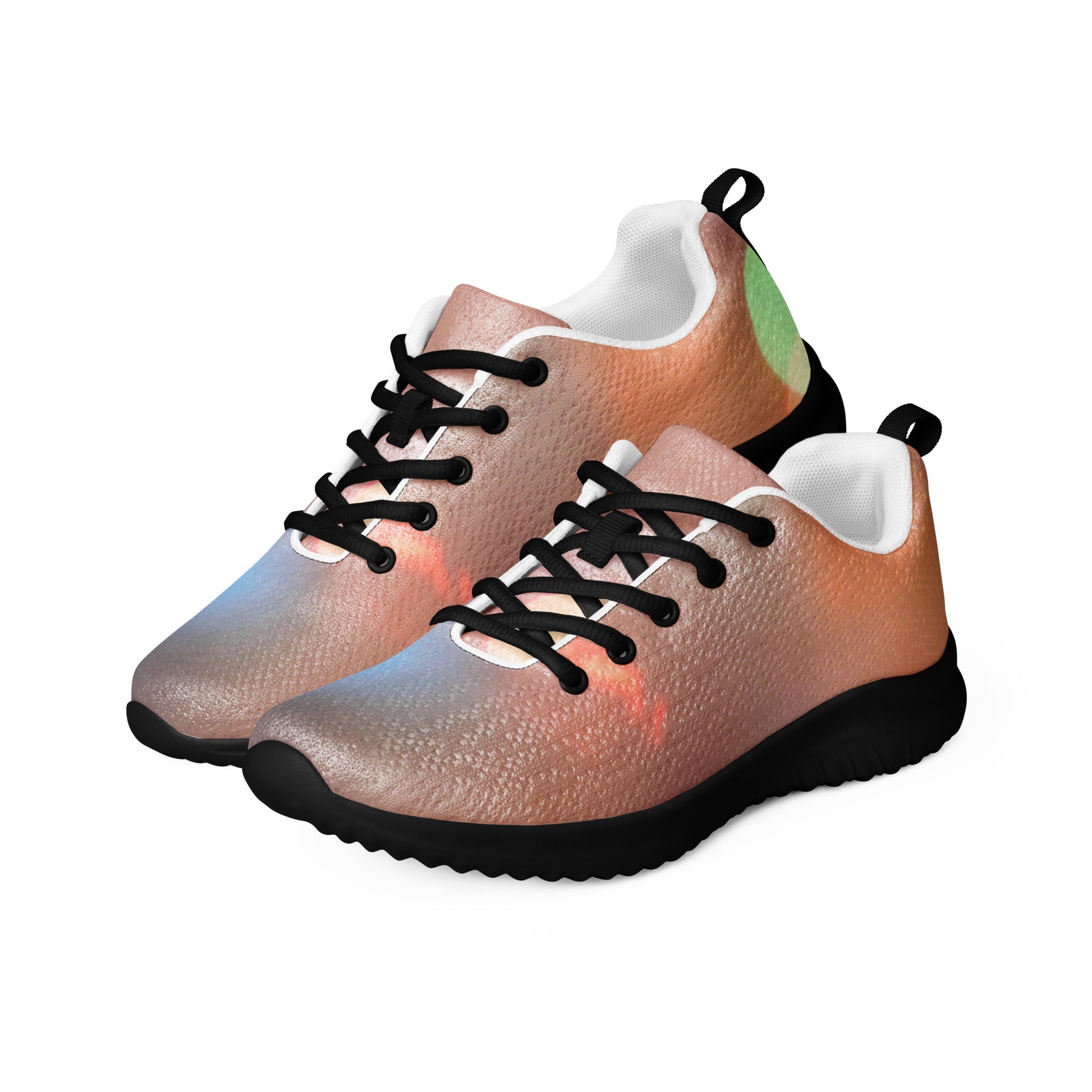 PJ Designs men's colorful running sneakers with a unique all over print and black soles