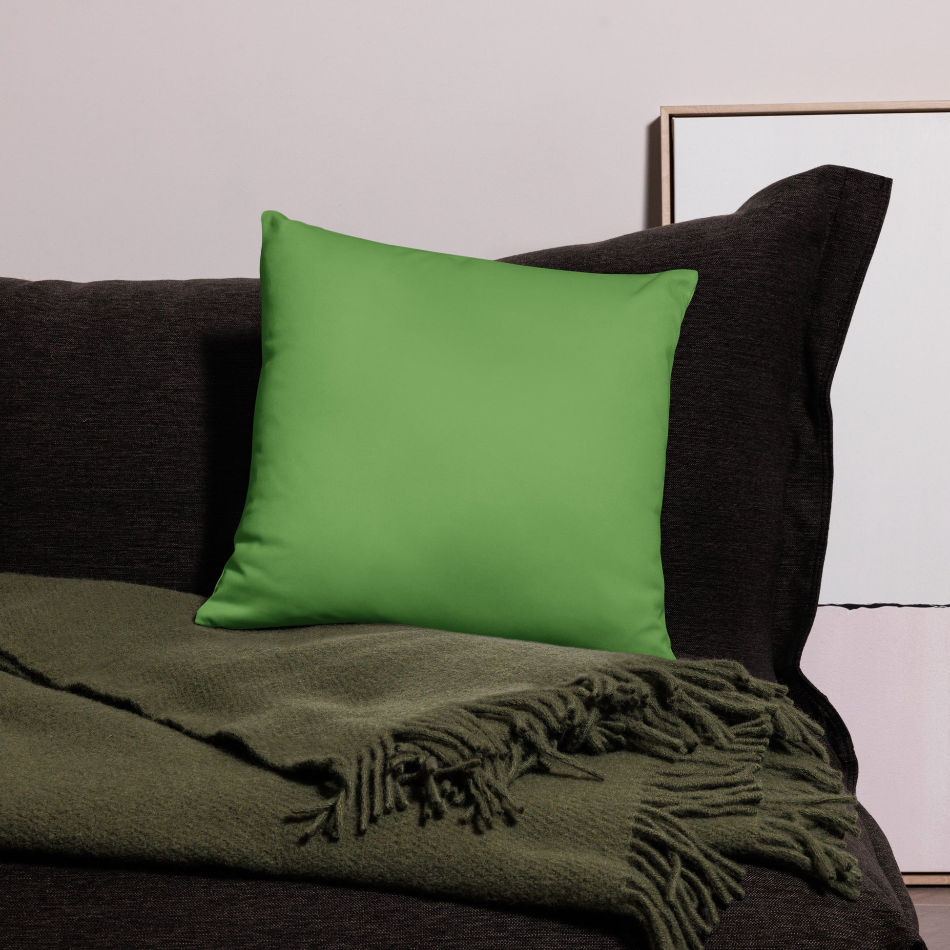 PJ Designs modern dove print cushion cover on green pillow placed on dark sofa with green throw blanket