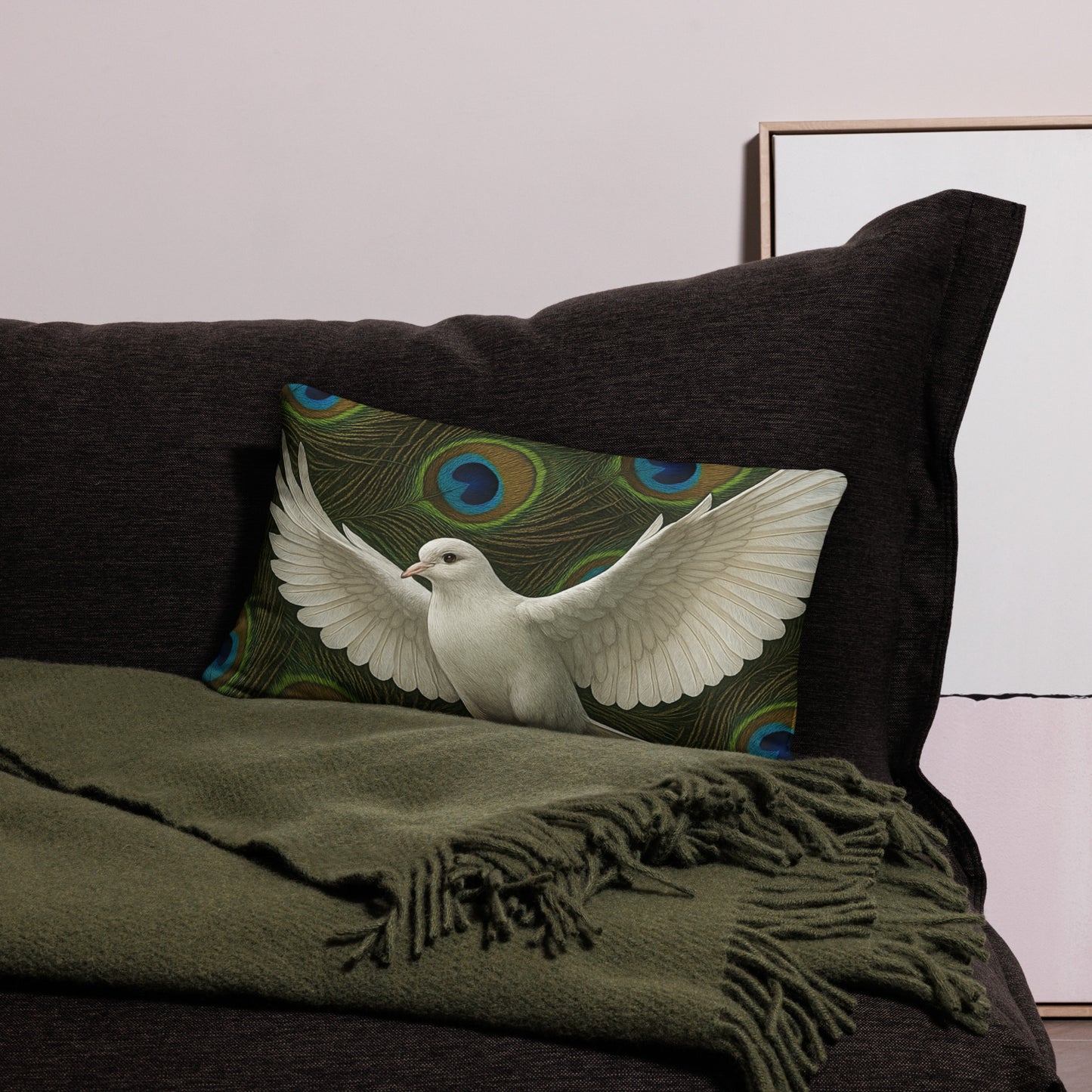 PJ Designs modern dove print cushion cover with white dove and peacock feather background on dark sofa