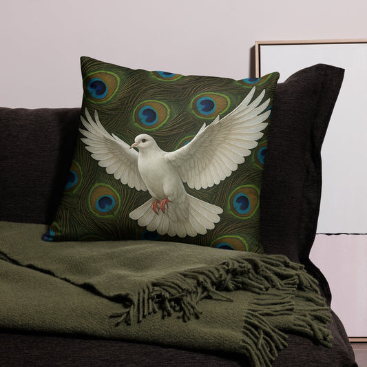 PJ Designs modern dove print cushion cover with white dove and peacock feather pattern on sofa