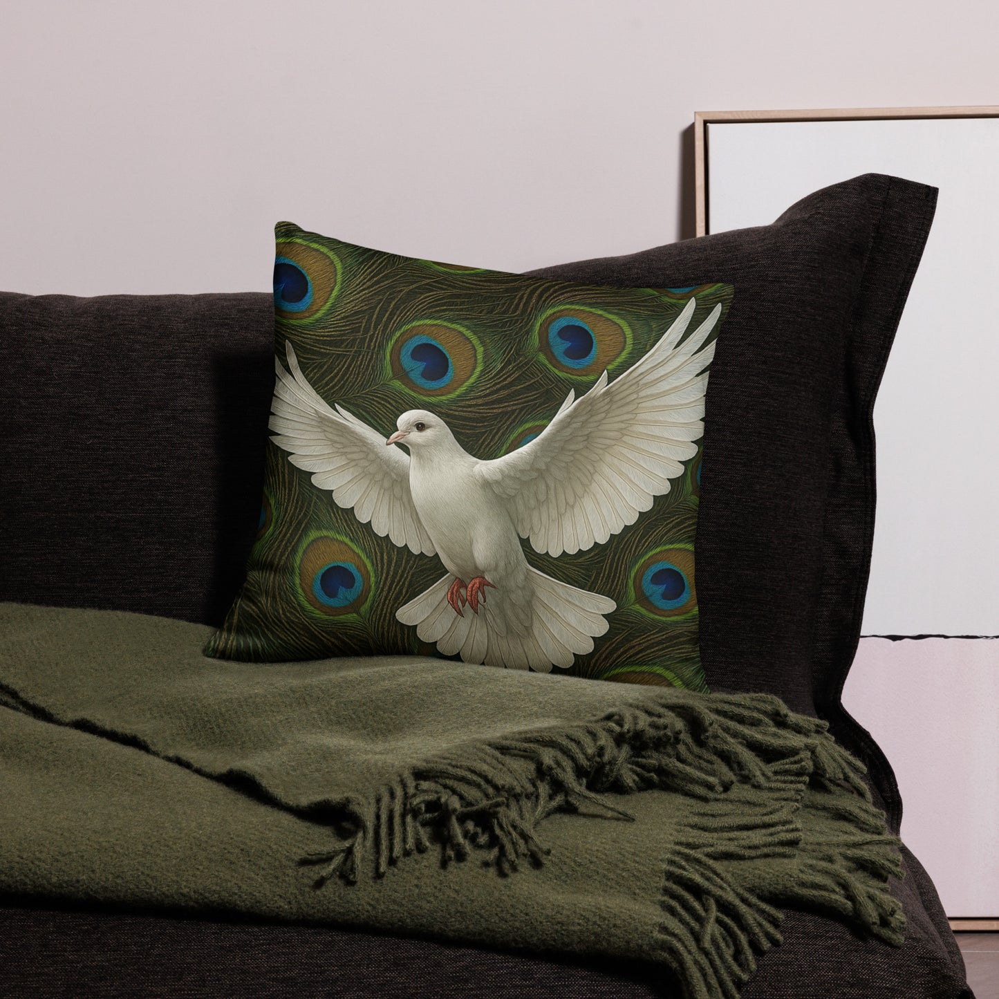 Modern dove print cushion cover by PJ Designs featuring white dove and peacock feather pattern on sofa