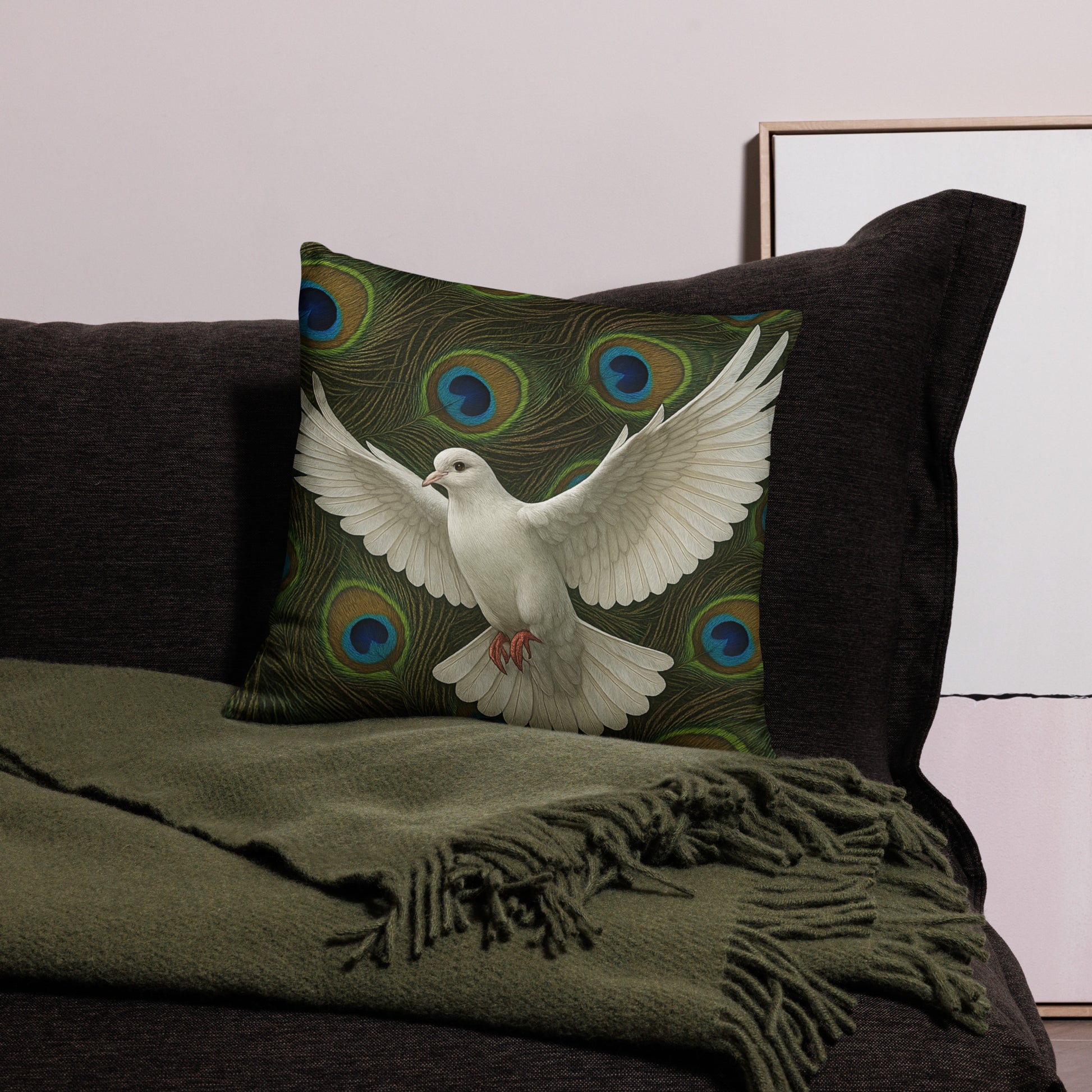 Modern dove print cushion cover by PJ Designs featuring white dove and peacock feather pattern on sofa