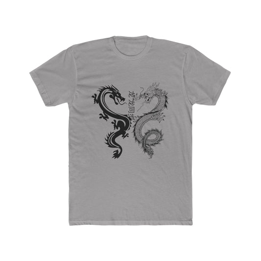 Gray cotton crew neck dragon shirt with black stylized dragon and detailed gray dragon and vertical kanji
