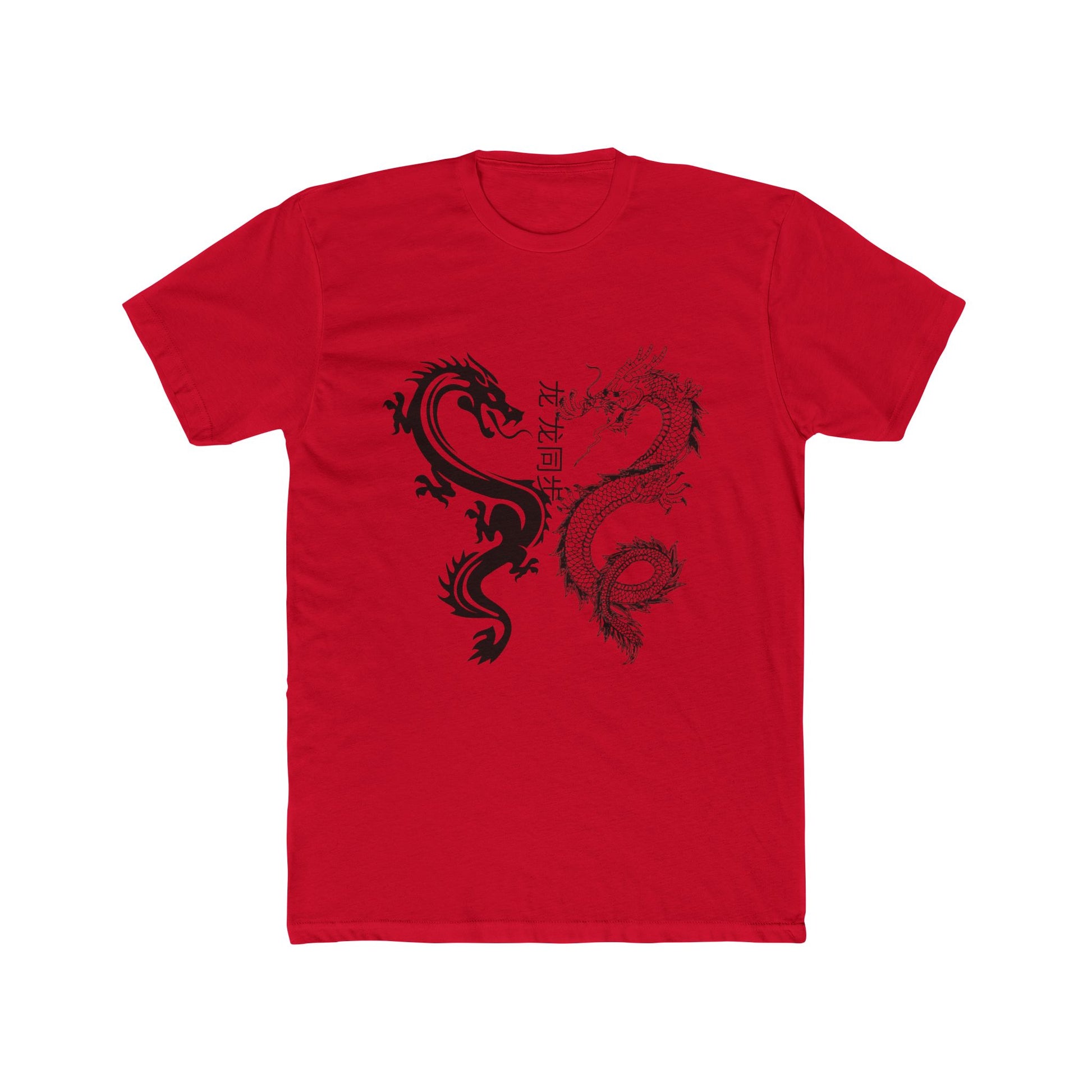 Red cotton crew neck dragon shirt with black twin dragon graphic and vertical calligraphy