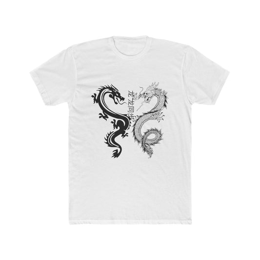 Printify white t shirt with black and gray dragon artwork and vertical Asian script cotton crew neck dragon shirt